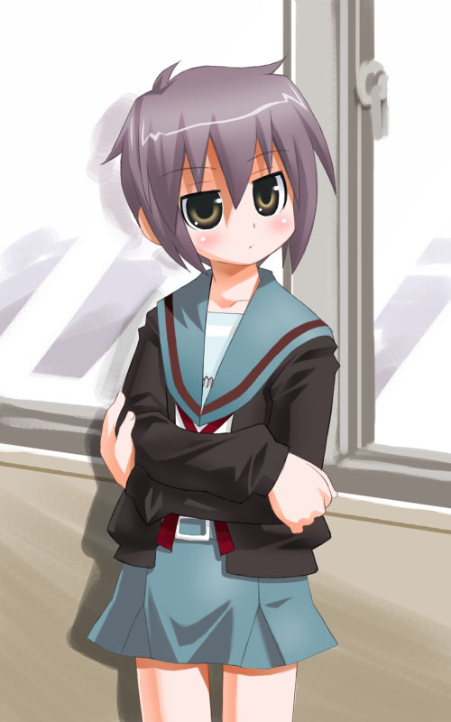 umekichi, nagato yuki, suzumiya haruhi no yuuutsu, 00s, cardigan, school uniform, serafuku, solo