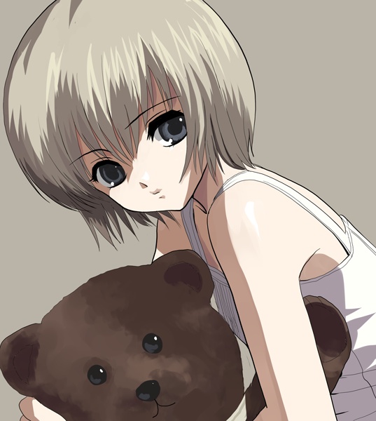 natori (natorism), original, bare shoulders, short hair, solo, stuffed animal, stuffed toy, teddy bear
