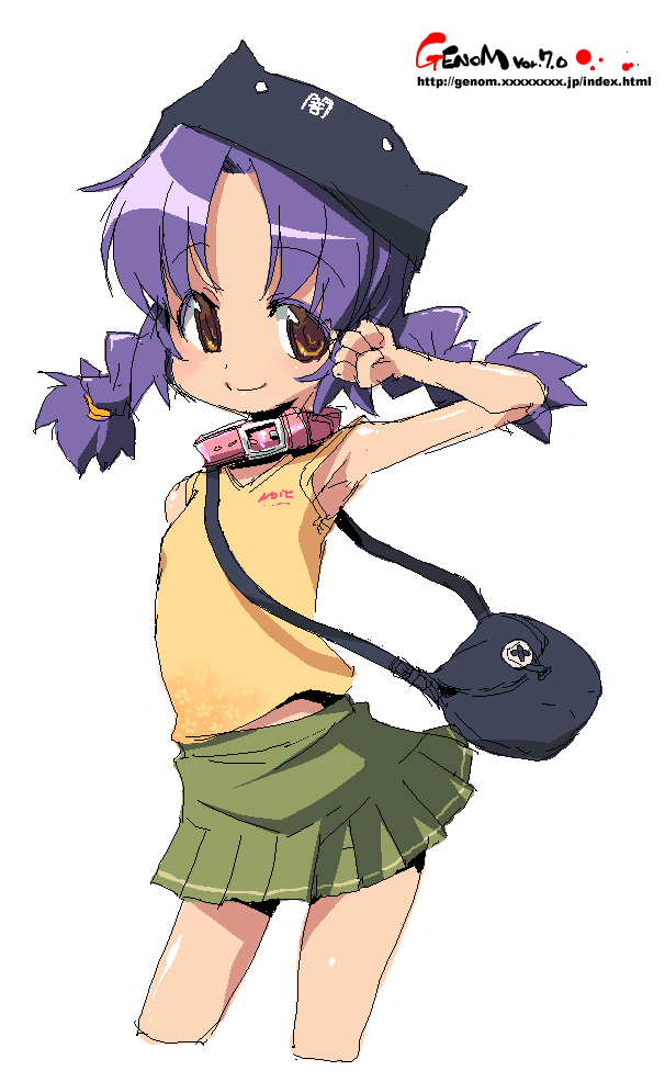 onija tarou, original, armpits, braid, brown eyes, collar, hat, oekaki, purple hair, skirt, solo, twin braids