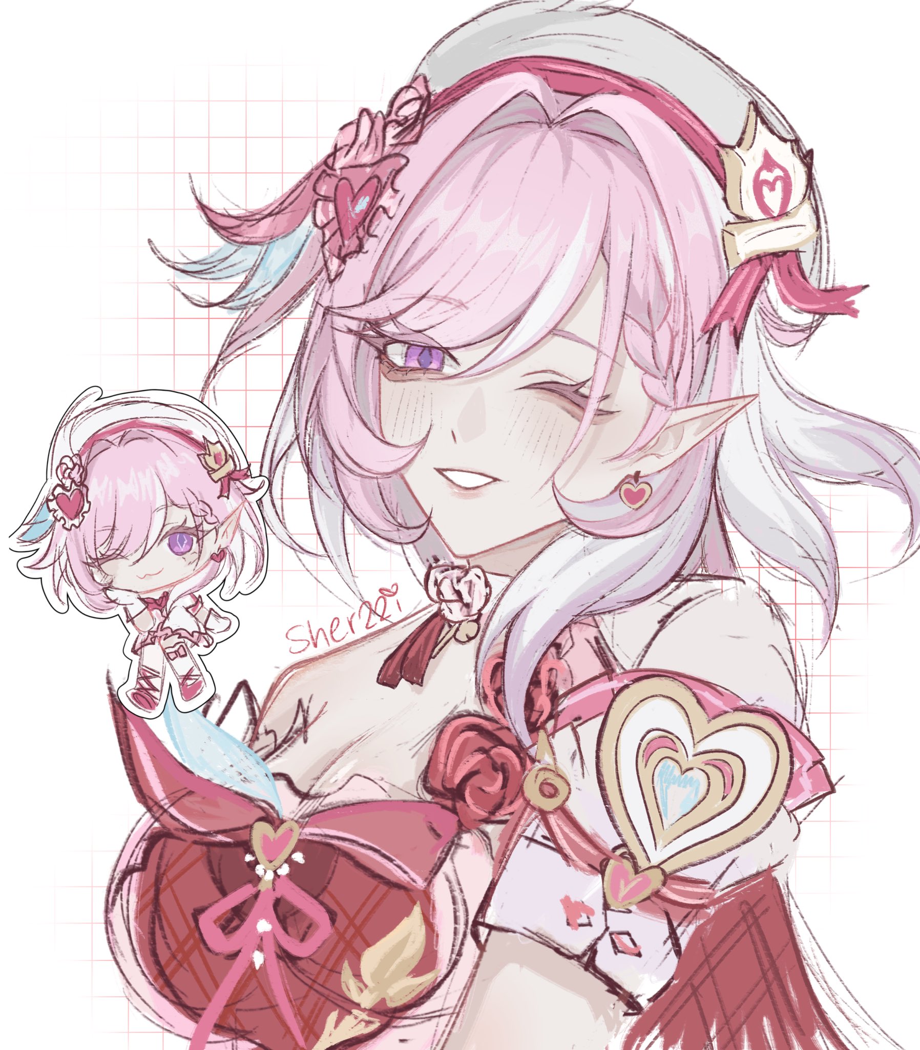 sher22i, elysia (honkai impact), honkai (series), honkai impact 3rd, commentary, english commentary, highres, 1girl, artist name, beret, breasts, chibi, cleavage, dress, earrings, elf, elysia (hi elf of love) (honkai impact), hat, heart, heart earrings, jewelry, large breasts, long hair, looking at viewer, multicolored hair, pink hair, pointy ears, purple eyes, red dress, smile, two-tone hair, upper body, white hair, white hat