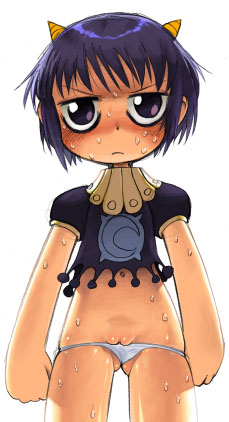 laila (konjiki no gash!!), konjiki no gash!!, oni horns, artist request, lowres, >:(, 00s, 1girl, annoyed, bad anatomy, blue hair, blush, cleft of venus, crescent, crop top, demon girl, fat mons, female focus, flat chest, fringe trim, frown, horns, loli, lowleg, lowleg panties, navel, no pants, nose blush, panties, purple eyes, pussy, pussy peek, shirt, short hair, short sleeves, simple background, skindentation, solo, standing, sweat, turtleneck, uncensored, underwear, v-shaped eyebrows, white background, white panties
