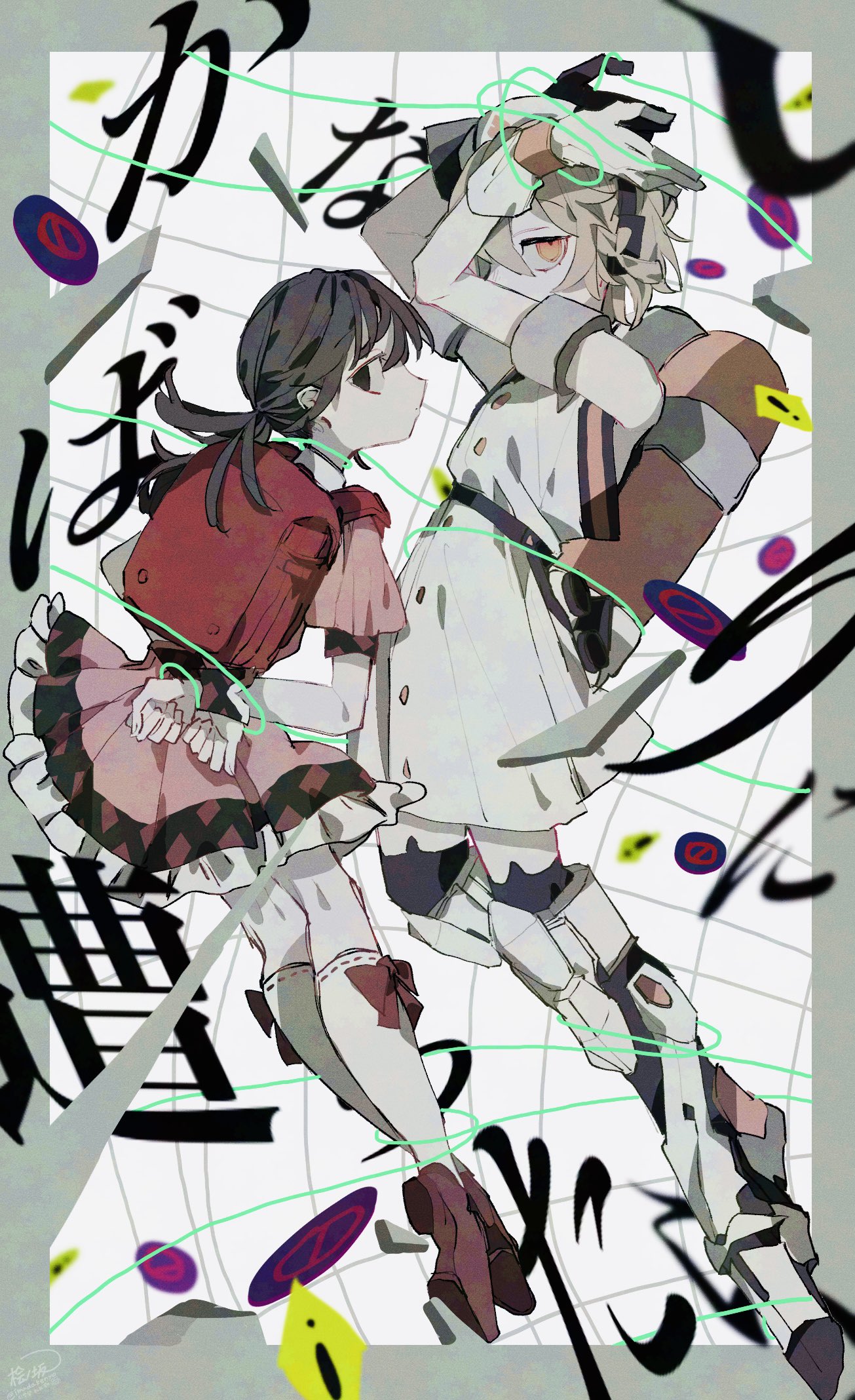 hinoki (yesfish1117), kaai yuki, nurse robot type t, utau, adversarial noise, highres, 2girls, arms up, backpack, bag, bare shoulders, belt, black eyes, black hair, black thighhighs, closed mouth, covered mouth, dress, flat chest, full body, gloves, grey hair, kneehighs, long hair, looking at viewer, mechanical arms, multiple girls, orange eyes, pink dress, randoseru, red shoes, road sign, shoes, short hair, short sleeves, short twintails, sideways glance, sign, single mechanical arm, sleeveless, sleeveless dress, socks, string, thighhighs, twintails, twitter username, watermark, white gloves, white socks, wristband