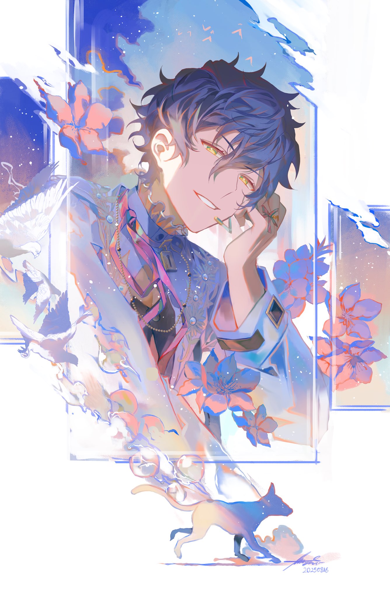 sazanami jun, ensemble stars!, highres, 1boy, bird, bishounen, blue hair, cat, dove, flower, hair between eyes, jacket, long sleeves, male focus, microphone, open mouth, reku216, sky, solo, star (sky), starry sky, yellow eyes