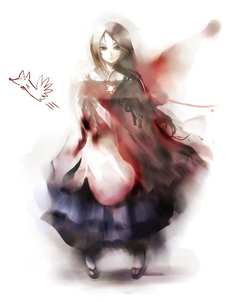 kei (keigarou), hiiragi kosame, cave (developer), guwange, 1girl, blue skirt, brown eyes, brown hair, bubble skirt, coat, colored skin, expressionless, female focus, long skirt, long sleeves, looking at viewer, simple background, skirt, solo, white background, white skin