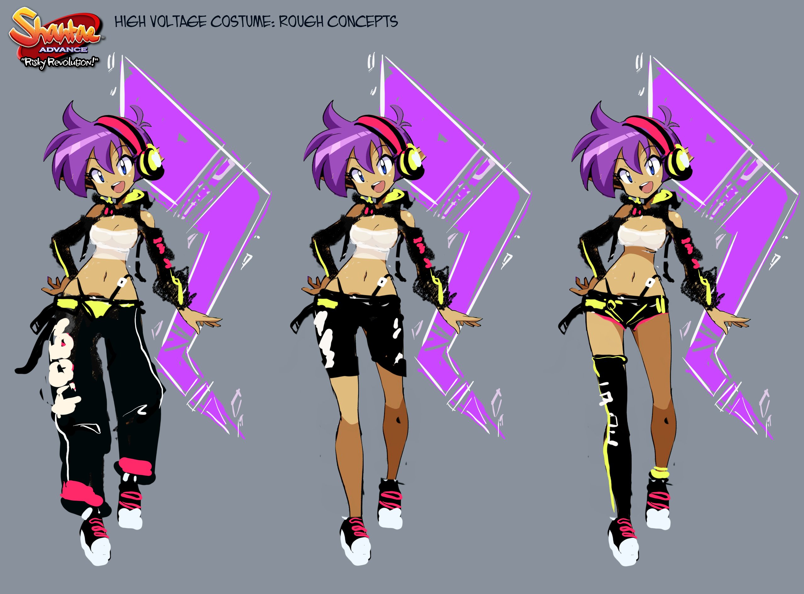 sakurajyousui nami, high voltage shantae, shantae, shantae (series), shantae advance: risky revolution, concept art, official art, 1girl, alternate costume, blue eyes, bra, breasts, curvy, dark-skinned female, dark skin, earrings, grey background, hand on own hip, headphones, high ponytail, impossible hair, jewelry, long hair, lowleg, lowleg pants, midriff, multiple views, navel, open mouth, pants, pointy ears, ponytail, purple hair, revealing clothes, shiny skin, shoes, short shorts, shorts, simple background, sneakers, solo, thong, underwear, very long hair, wide hips