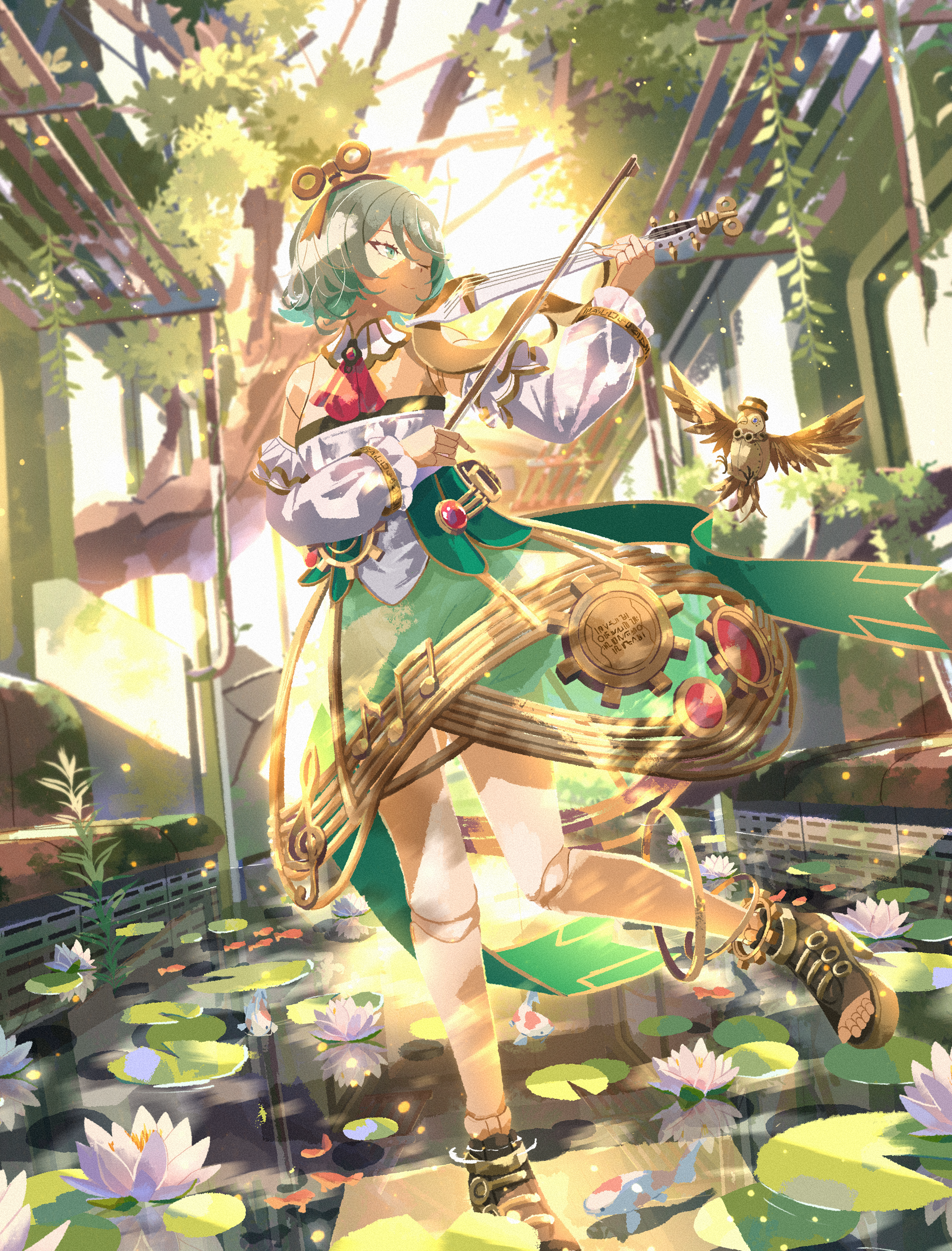 atelier umiyury, cecilia immergreen, cecilia immergreen (1st costume), hololive, hololive english, absurdres, highres, 1girl, ascot, bird, bow (music), detached collar, doll joints, full body, green eyes, green hair, green skirt, grey hair, holding, holding instrument, holding violin, instrument, joints, lily pad, medium hair, multicolored hair, music, musical note ornament, one eye closed, overgrown, playing instrument, red ascot, romper, skirt, smile, solo, standing, standing on one leg, strapless romper, two-tone hair, violin, virtual youtuber, white romper, winding key