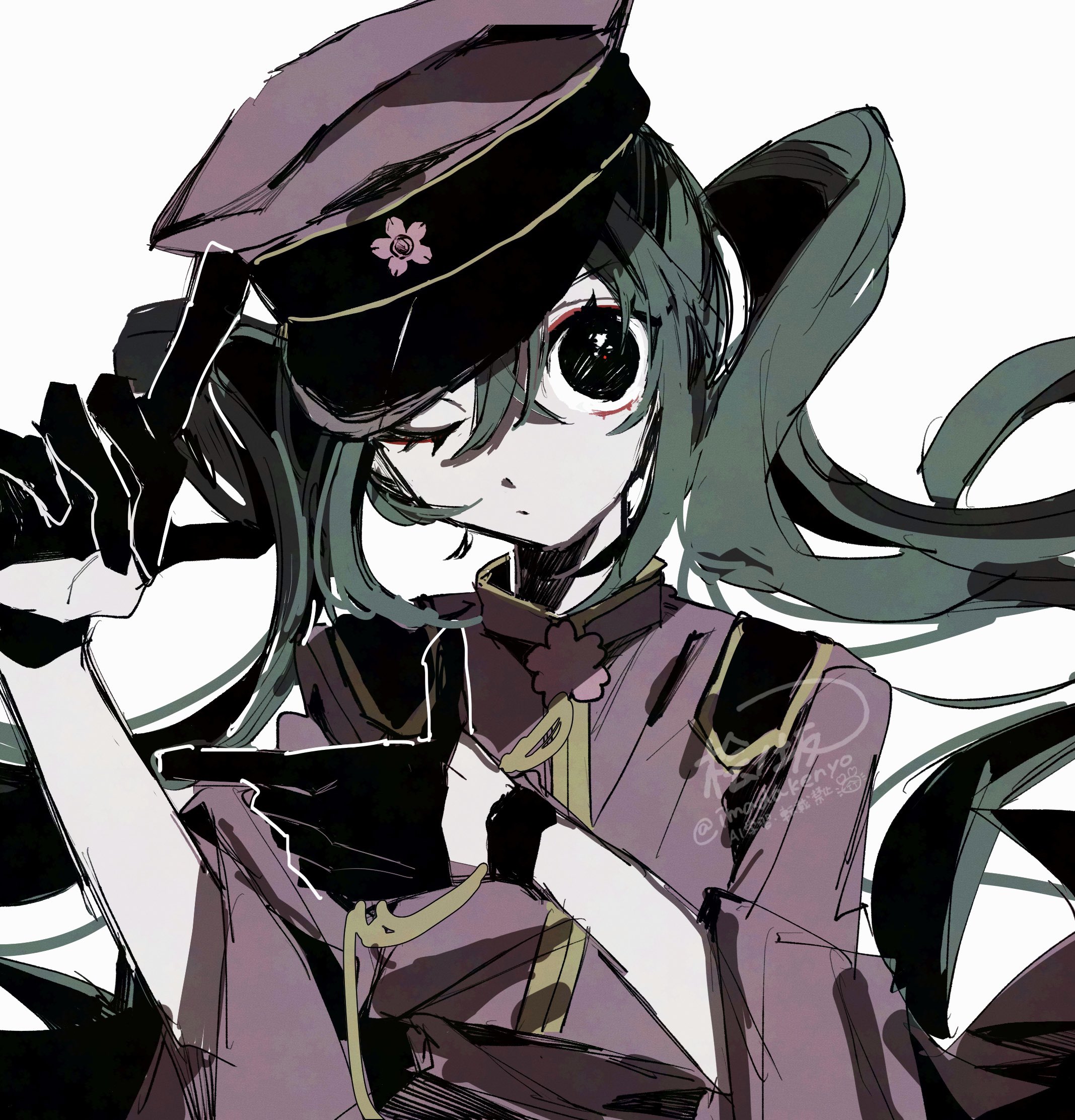hinoki (yesfish1117), hatsune miku, senbonzakura (vocaloid), vocaloid, adversarial noise, highres, 1girl, black gloves, closed mouth, floating hair, gloves, green hair, half-closed eyes, hat, jacket, long hair, long sleeves, one eye closed, peaked cap, pink hat, pink jacket, simple background, solo, twitter username, upper body, watermark, white background, wide sleeves