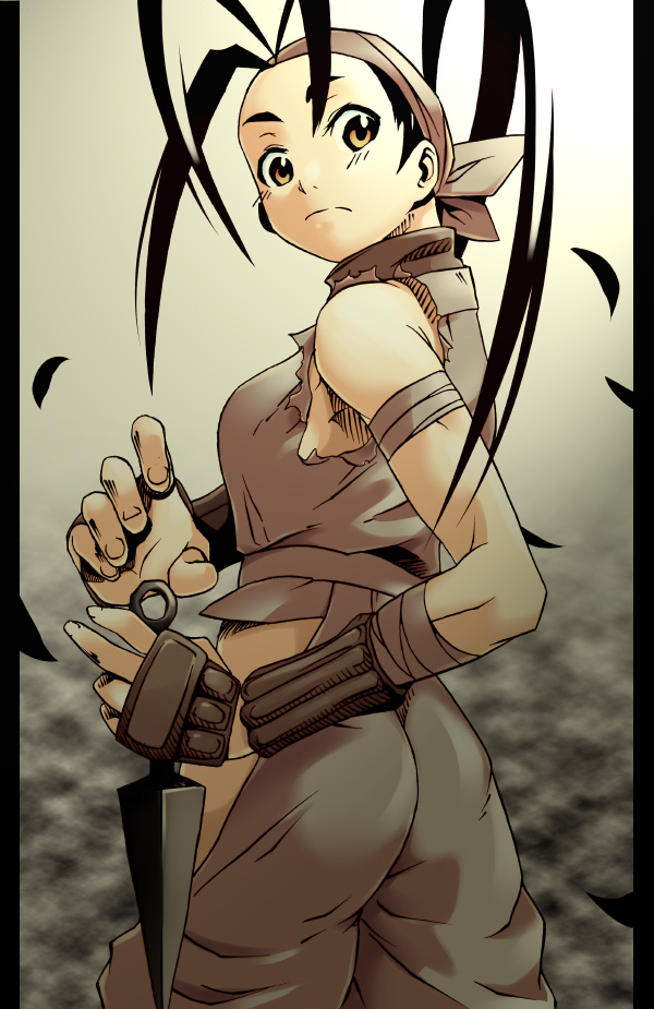 yukari (konekonekozou), ibuki (street fighter), capcom, street fighter, street fighter iii (series), 1girl, antenna hair, arm guards, bandages, black hair, clothing cutout, female focus, hip vent, konekonekozou, kunai, long hair, looking at viewer, looking back, muscular, ninja, ponytail, solo, toned, toned female, weapon, yellow eyes