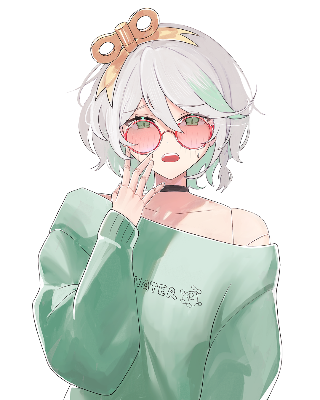 cecilia immergreen, hololive, hololive english, highres, 1girl, alternate costume, animatic01, black choker, choker, doll joints, gradient hair, green eyes, green hair, green sweater, grey hair, joints, medium hair, multicolored hair, pink-tinted eyewear, round eyewear, simple background, solo, sunglasses, sweat, sweater, tinted eyewear, virtual youtuber, white background, winding key