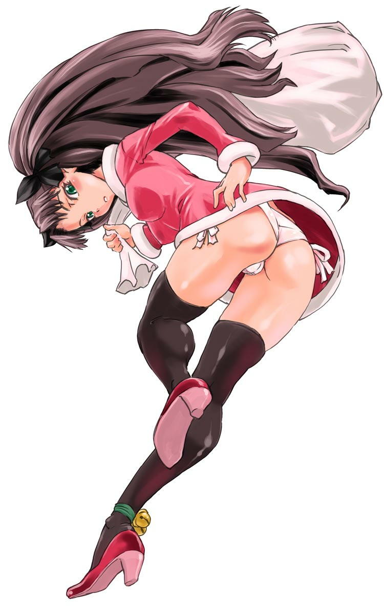 shinama, tohsaka rin, fate/stay night, fate (series), type-moon, ass, blush, breasts, christmas, long hair, panties, santa costume, side-tie panties, skirt, thighhighs, underwear