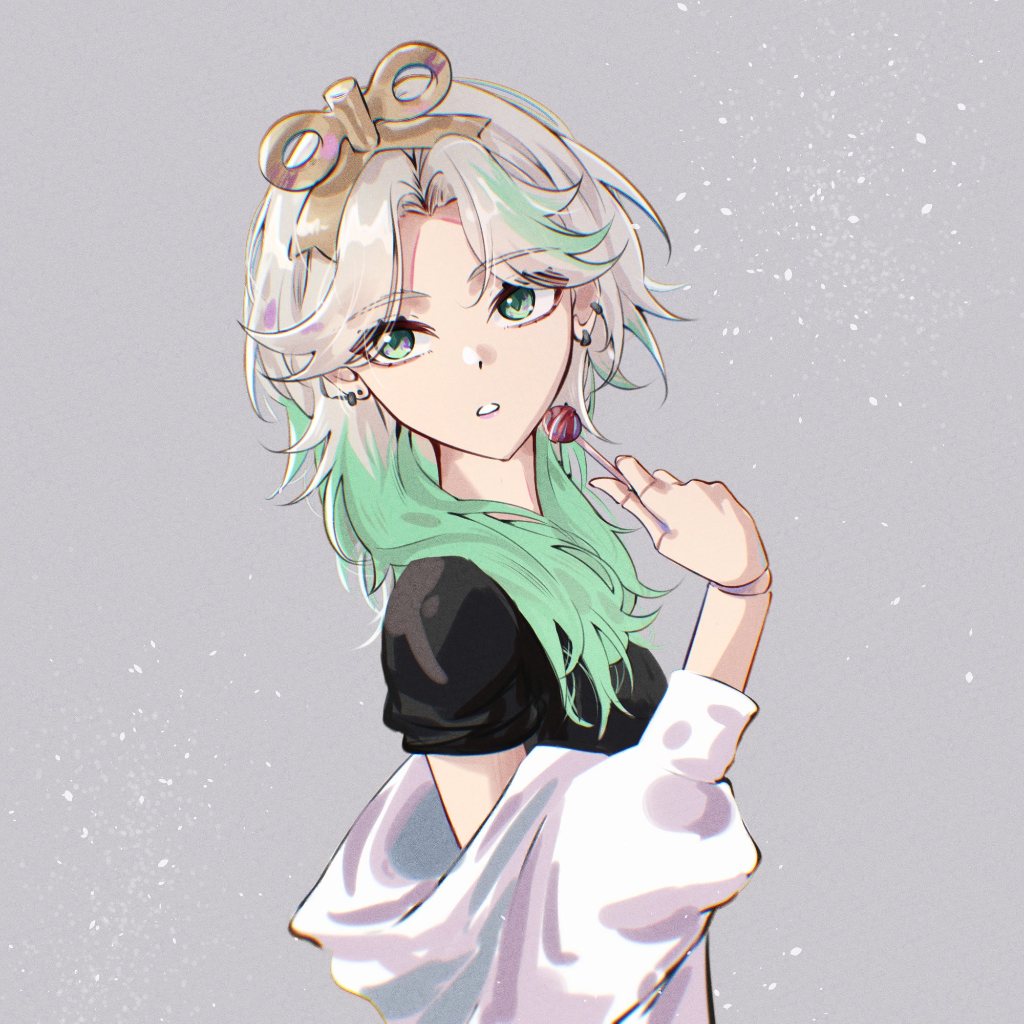 neyluse, cecilia immergreen, hololive, hololive english, highres, 1girl, black shirt, candy, doll joints, ear piercing, food, gradient hair, green eyes, green hair, grey background, grey hair, holding, holding candy, holding food, holding lollipop, jacket, joints, lollipop, long hair, multicolored hair, parted lips, piercing, shirt, solo, virtual youtuber, white jacket, winding key