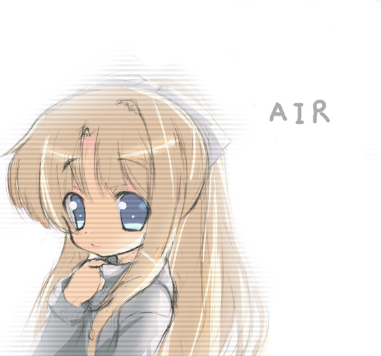 omiso, omiso (omiso), kamio misuzu, air (visual novel), eyebrows, 00s, 1girl, blonde hair, blue eyes, copyright name, female focus, looking at viewer, sidelocks, simple background, solo, upper body, white background