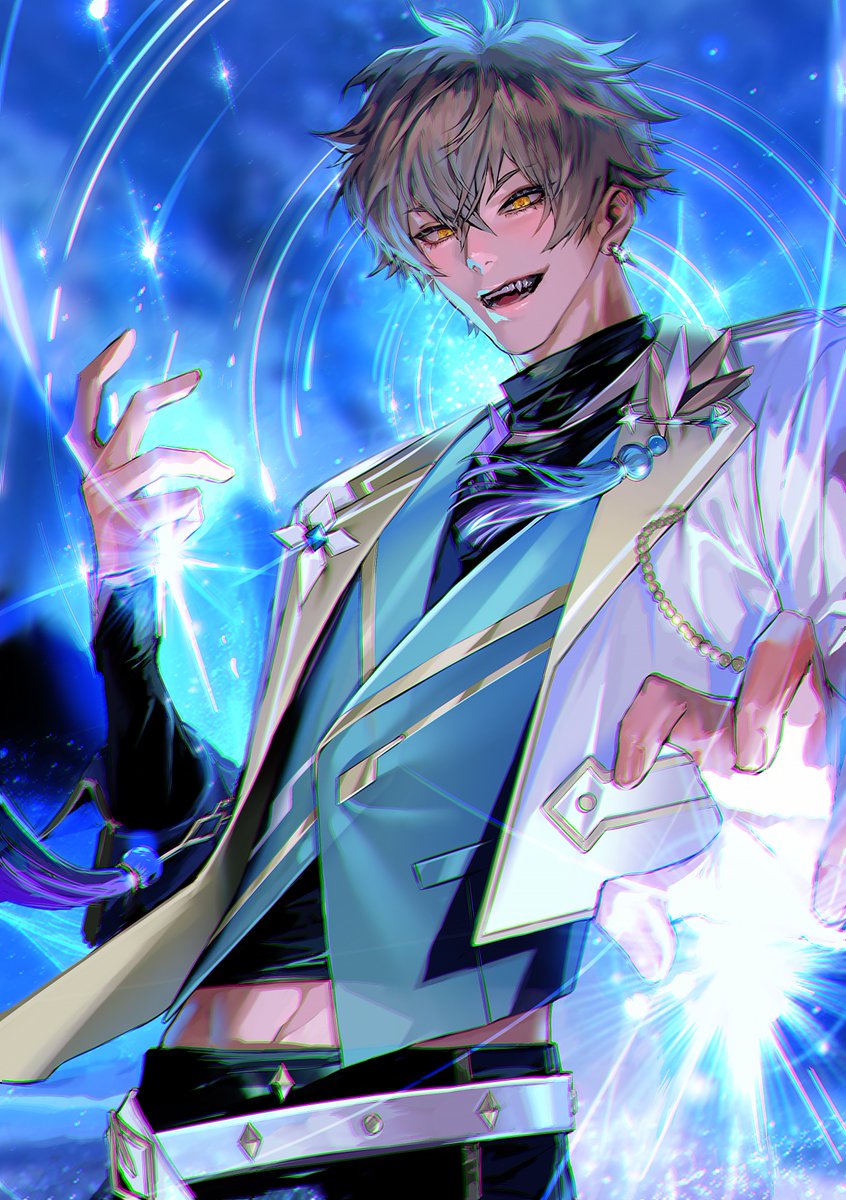 volff, ogami koga, ensemble stars!, highres, blue vest, coat, earrings, fangs, grey hair, hair between eyes, jewelry, looking at viewer, male focus, open mouth, shirt, undead (ensemble stars!), vest, yellow eyes