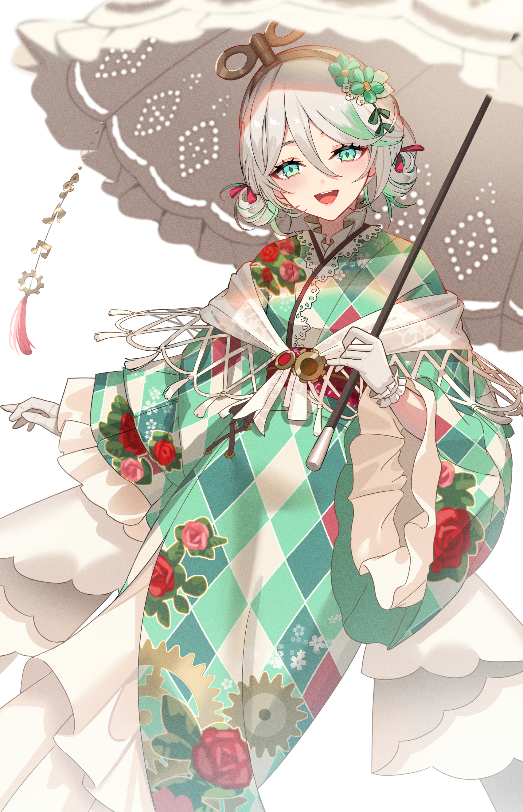 kuwahara taiki, cecilia immergreen, cecilia immergreen (new year), hololive, hololive english, absurdres, highres, 1girl, doll joints, double bun, floral print, floral print kimono, flower, gradient hair, green eyes, green hair, green kimono, grey hair, hair bun, hair flower, hair ornament, holding, holding umbrella, japanese clothes, joints, kimono, looking at viewer, multicolored hair, official alternate costume, official alternate hairstyle, open mouth, print kimono, solo, umbrella, virtual youtuber, white background, winding key