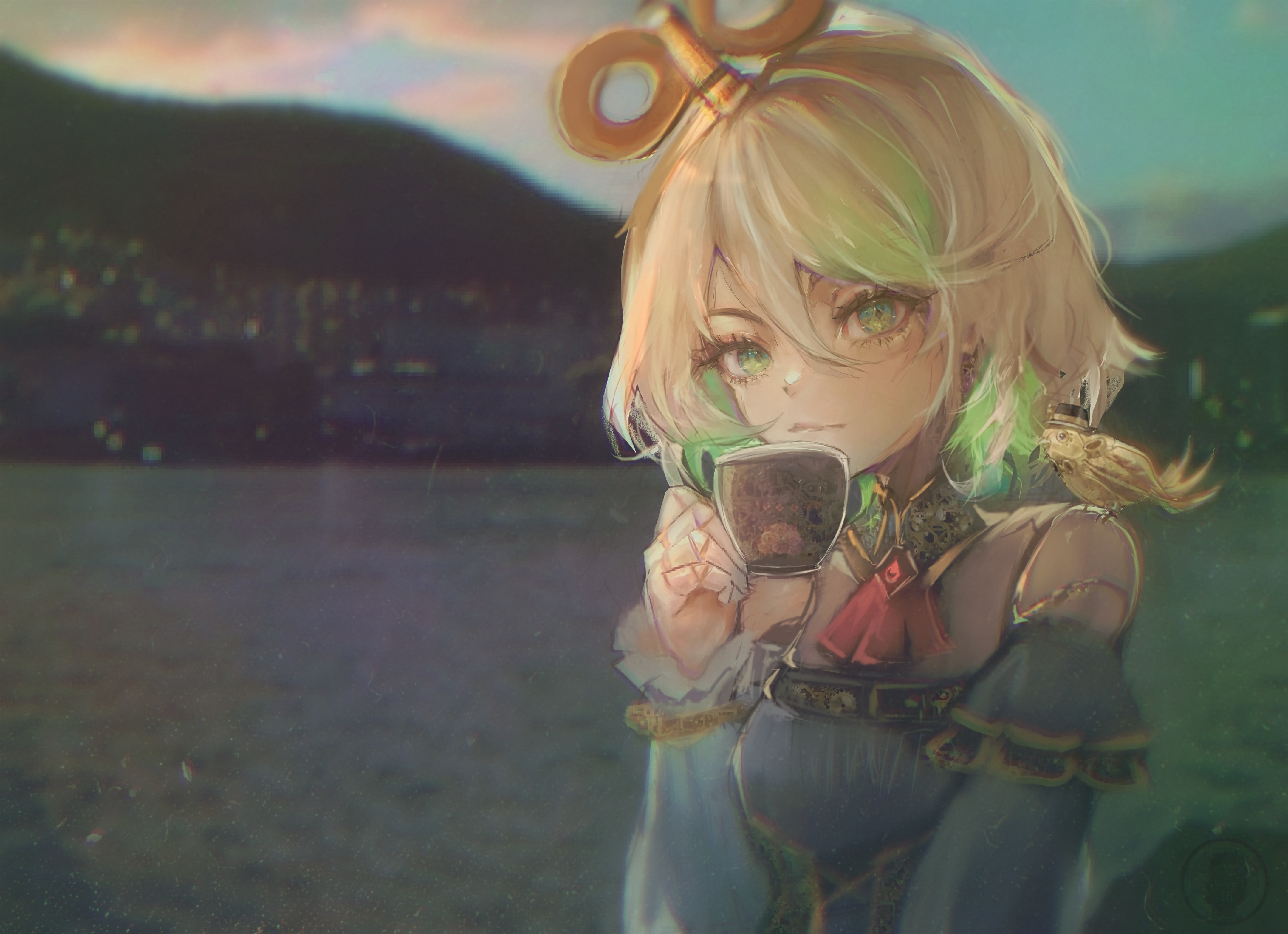 taku artworks, cecilia immergreen, cecilia immergreen (1st costume), hololive, hololive english, absurdres, highres, 1girl, ascot, closed mouth, cup, detached collar, doll joints, gradient hair, green eyes, green hair, grey hair, grey romper, holding, holding cup, joints, medium hair, multicolored hair, outdoors, red ascot, romper, solo, strapless romper, teacup, virtual youtuber, winding key