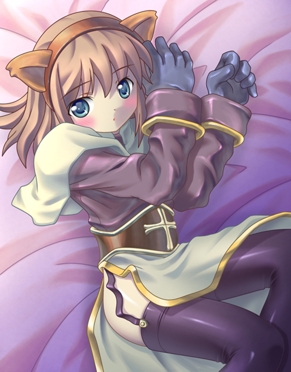 acolyte (ragnarok online), ragnarok online, highres, 1girl, animal ears, bed sheet, belt, black gloves, blue eyes, bodysuit, brown hair, cat ears, fake animal ears, female focus, gloves, hairband, loincloth, long sleeves, looking at viewer, short hair, solo, thighhighs