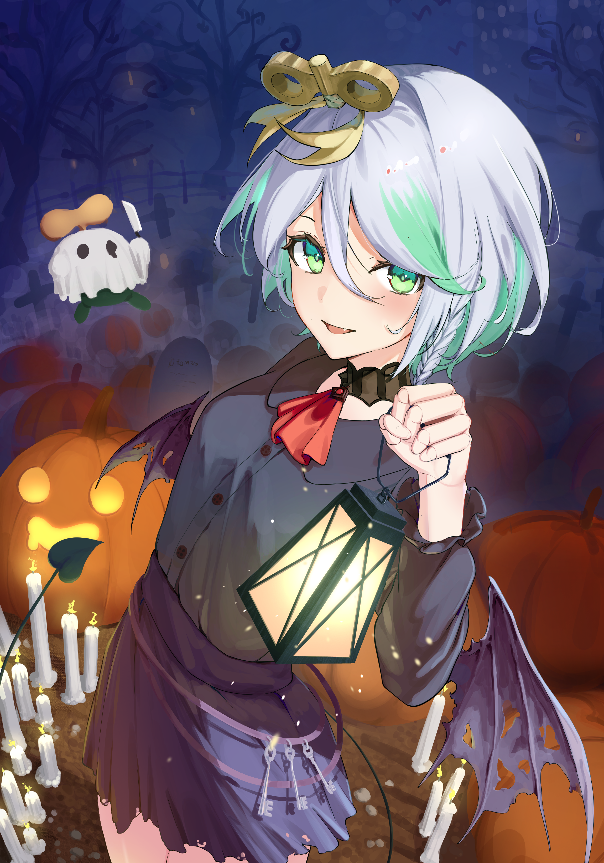 cecilia immergreen, otomo (cecilia immergreen), hololive, hololive english, absurdres, highres, 1girl, alternate costume, ascot, bare tree, black shirt, black skirt, black wings, candle, doll joints, fire, ghost costume, gradient hair, green eyes, green hair, grey hair, halloween, holding, holding lantern, jack-o'-lantern, joints, key, keyring, lantern, multicolored hair, night, outdoors, potepote1, red ascot, shirt, skirt, tree, virtual youtuber, winding key, wings
