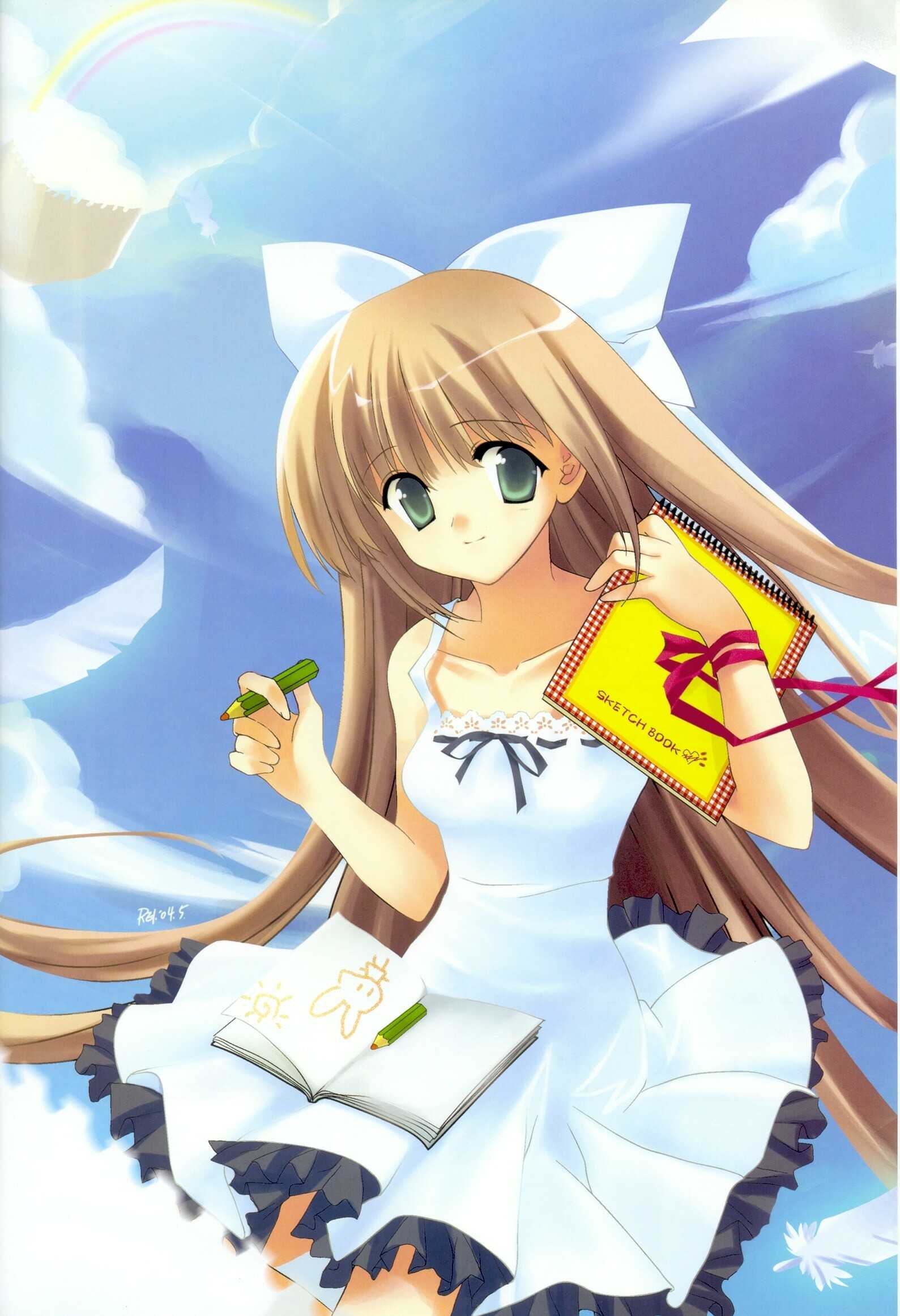 drawing, highres, jpeg artifacts, 1girl, brown hair, colored pencil, day, female focus, green eyes, hair ribbon, long hair, pencil, rainbow, ribbon, sketchbook, sky, solo, wooden pencil