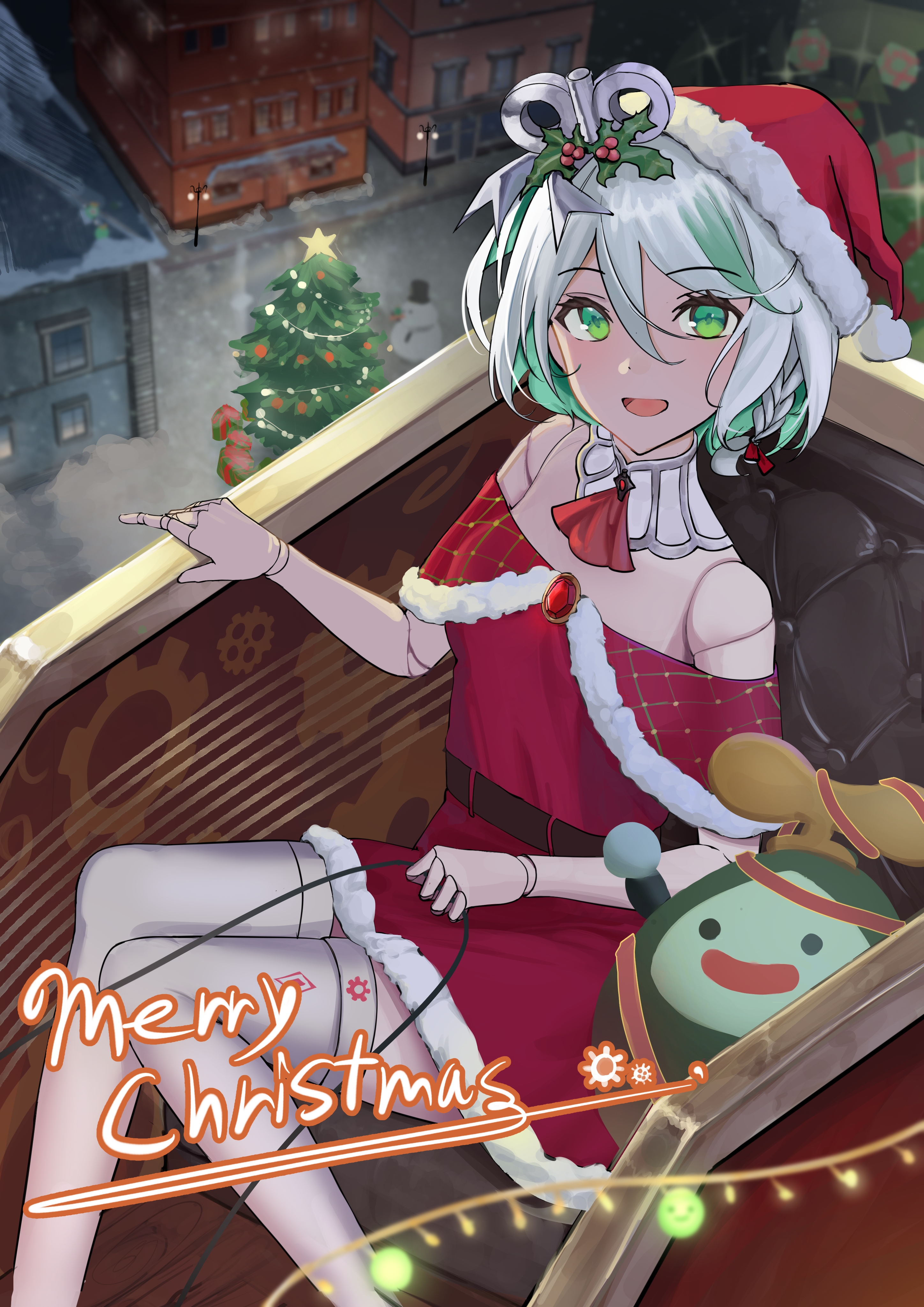 cecilia immergreen, otomo (cecilia immergreen), hololive, hololive english, absurdres, highres, 1girl, alternate costume, ascot, building, christmas, christmas tree, detached collar, doll joints, dress, fur-trimmed dress, fur-trimmed headwear, fur trim, gradient hair, green eyes, green hair, grey hair, hat, joints, looking at viewer, multicolored hair, open mouth, potepote1, red ascot, red dress, red hat, santa costume, santa dress, santa hat, sitting, sleigh, snowman, thighhighs, virtual youtuber, white thighhighs, winding key
