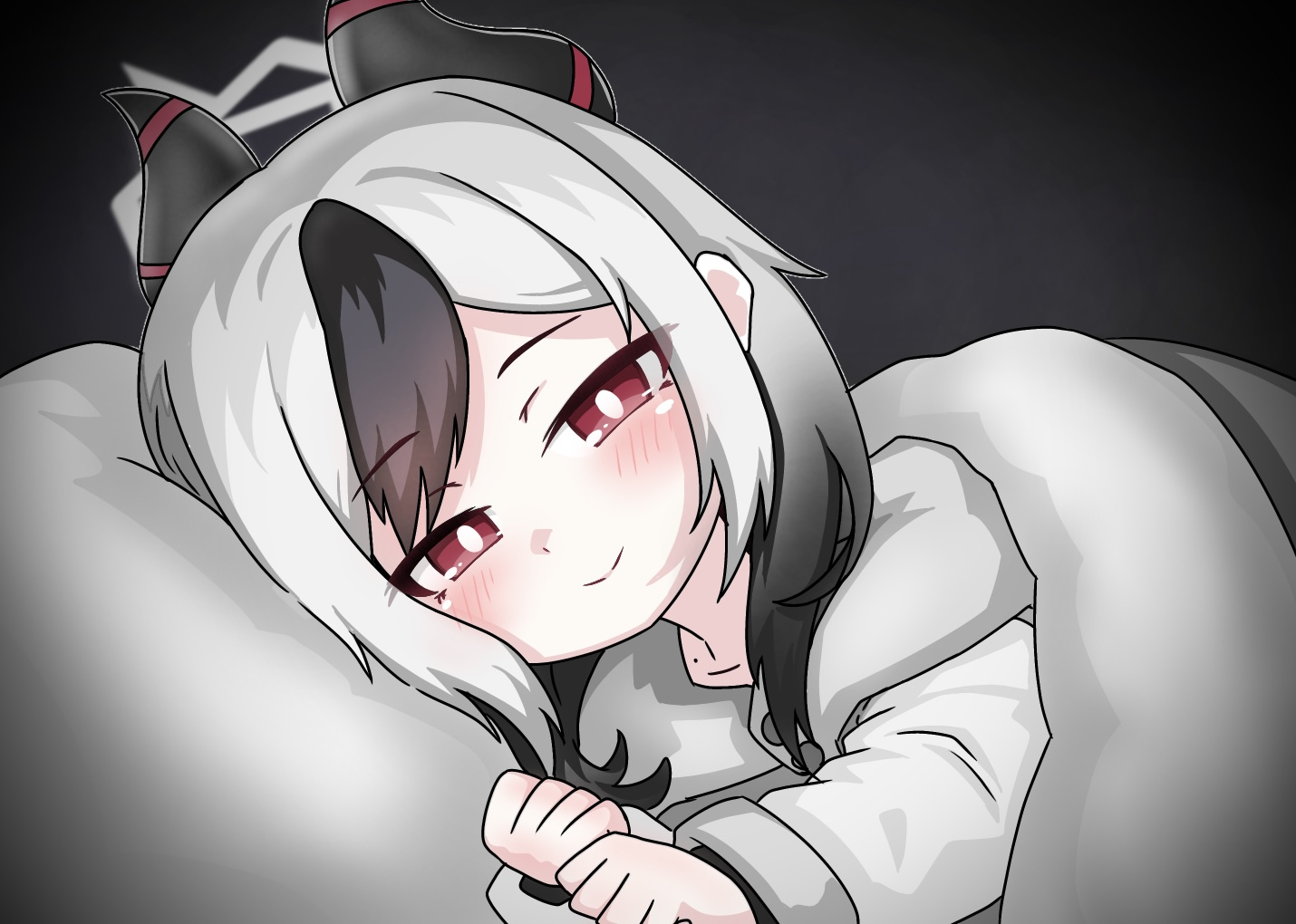 tomimon, kayoko (blue archive), blue archive, 1girl, black hair, blush, closed mouth, gradient hair, grey hair, grey hoodie, halo, hands up, hood, hood down, hoodie, horns, long sleeves, looking at viewer, lying, multicolored hair, on side, pillow, red eyes, smile, solo, two-tone hair, under covers, upper body