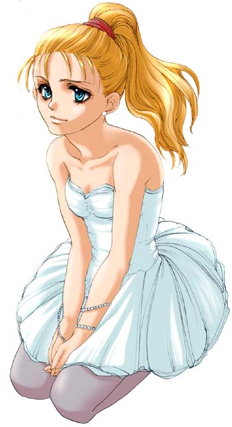 synn, marle (chrono trigger), chrono (series), chrono trigger, 1990s (style), 1girl, blonde hair, blue eyes, dress, female focus, full body, pantyhose, ponytail, retro artstyle, simple background, solo