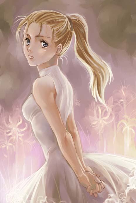 synn, marle (chrono trigger), chrono (series), chrono trigger, 1990s (style), 1girl, blonde hair, blue eyes, breasts, dress, female focus, ponytail, solo