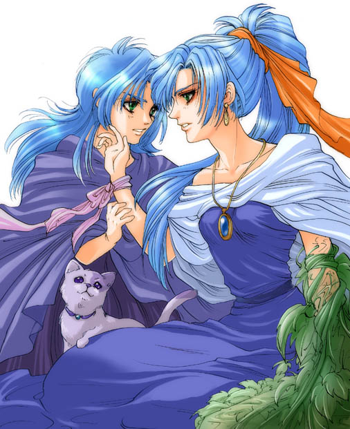 janus, synn, alfador, janus zeal, schala, schala zeal, chrono (series), chrono trigger, 1990s (style), 1boy, 1girl, blue hair, cat, dress, green eyes, jewelry, necklace, pendant