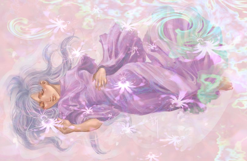 synn, schala zeal, chrono (series), chrono trigger, 1990s (style), 1girl, blue hair, dress, female focus, sleeping, solo