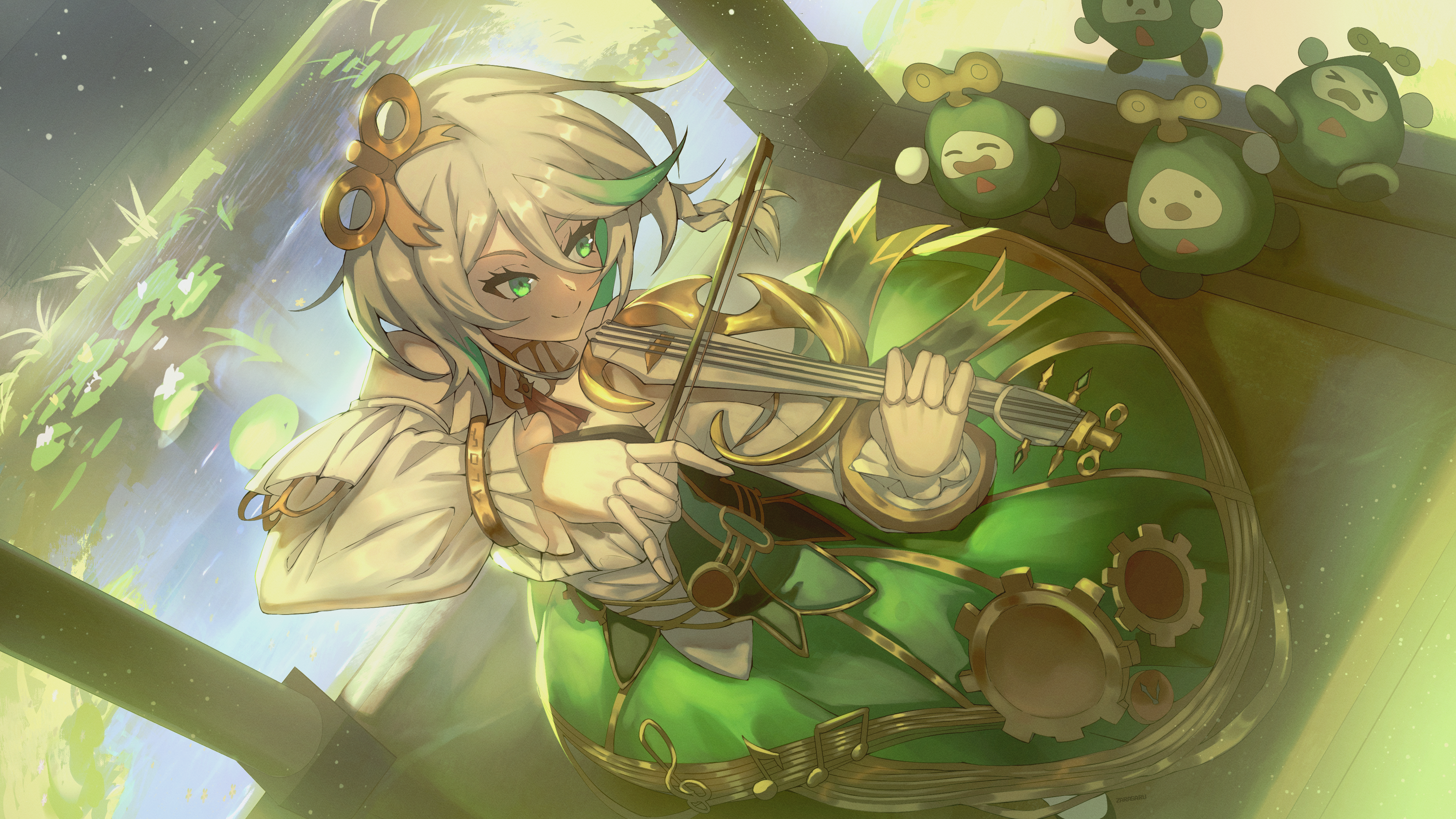zarasaru, cecilia immergreen, cecilia immergreen (1st costume), otomo (cecilia immergreen), hololive, hololive english, absurdres, highres, 1girl, ascot, bow (music), braid, closed mouth, detached collar, detached sleeves, doll joints, gradient hair, green eyes, green hair, green skirt, grey hair, holding, holding bow (music), holding instrument, holding violin, instrument, joints, lily pad, medium hair, multicolored hair, music, playing instrument, red ascot, romper, skirt, smile, strapless romper, violin, virtual youtuber, white romper, winding key