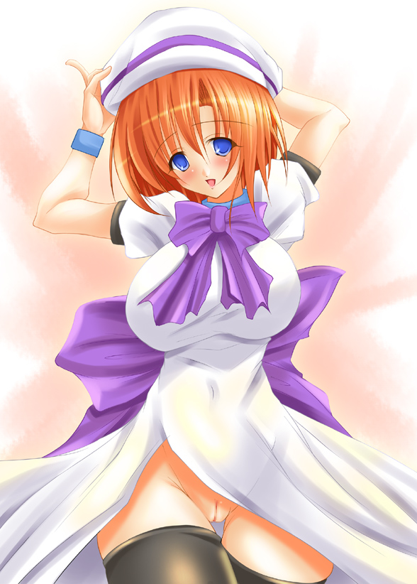fct, sara da pranzo, sdp, ryuuguu rena, higurashi no naku koro ni, 00s, 1girl, alternate breast size (larger), blue eyes, breasts, dress, female focus, gradient background, hat, huge breasts, no panties, pussy, short hair, solo, thighhighs, uncensored, white background