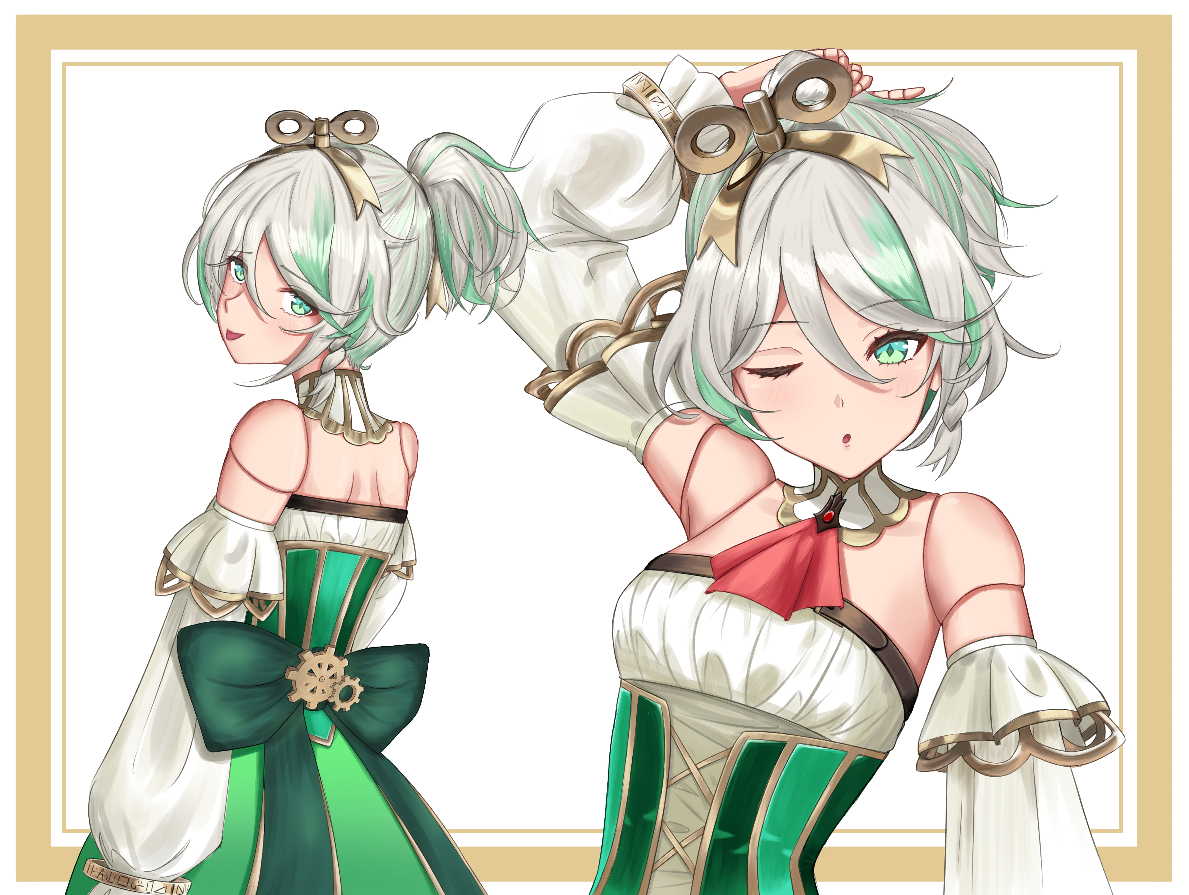 altean, cecilia immergreen, cecilia immergreen (1st costume), hololive, hololive english, absurdres, highres, 1girl, arm up, ascot, bow, corset, detached collar, detached sleeves, doll joints, gradient hair, green bow, green corset, green eyes, green hair, green skirt, grey hair, joints, multicolored hair, multiple views, one eye closed, ponytail, red ascot, romper, skirt, strapless romper, tongue, tongue out, virtual youtuber, white romper, winding key