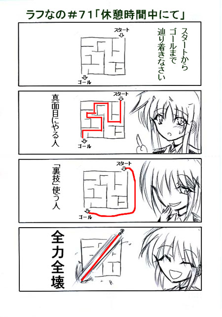 fate testarossa, takamachi nanoha, yagami hayate, lyrical nanoha, mahou shoujo lyrical nanoha, mahou shoujo lyrical nanoha strikers, translated, 00s, 3girls, 4koma, comic, hair ornament, maze, military, military uniform, monochrome, multiple girls, spot color, truth, white devil, x hair ornament