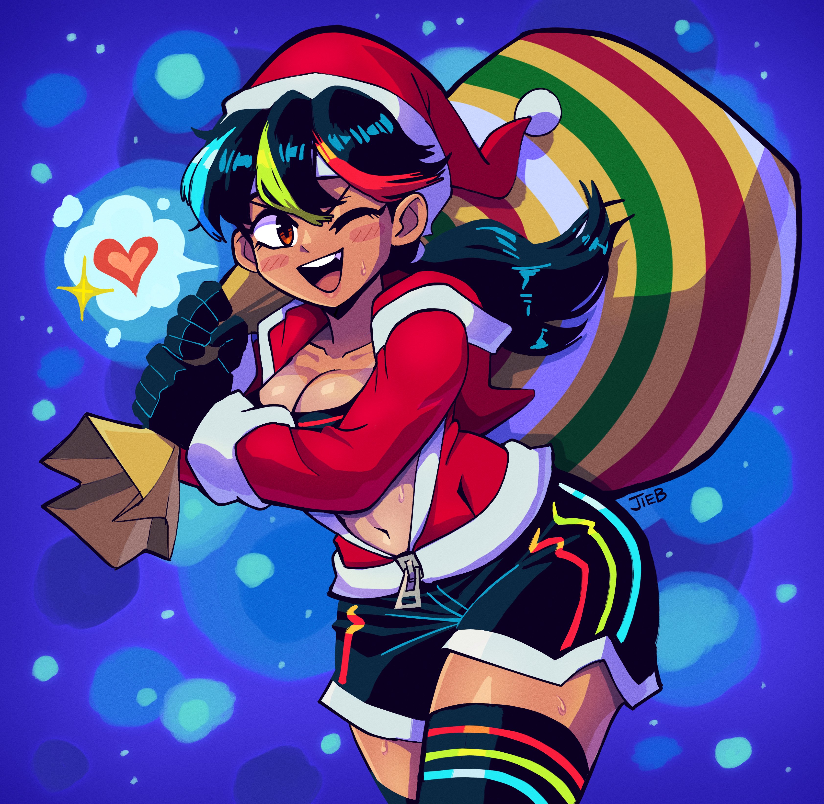 the jieb, yeet-chan (the jieb), original, absurdres, commentary, english commentary, highres, 1girl, ;d, aqua hair, artist name, black hair, black shorts, black thighhighs, blush, blush stickers, breasts, brown eyes, christmas, cleavage, collarbone, dark-skinned female, dark skin, eyelashes, fang, green hair, hat, headband, heart, holding, holding sack, hood, hood down, hooded jacket, jacket, long hair, multicolored hair, navel, one eye closed, open mouth, partially unzipped, ponytail, red hair, red hat, red jacket, sack, sack behind back, santa costume, santa hat, shiny skin, shorts, smile, solo, speech bubble, spoken heart, stomach, streaked hair, sweat, tan, tanline, teeth, thighhighs, upper teeth only, v-shaped eyebrows, white headband