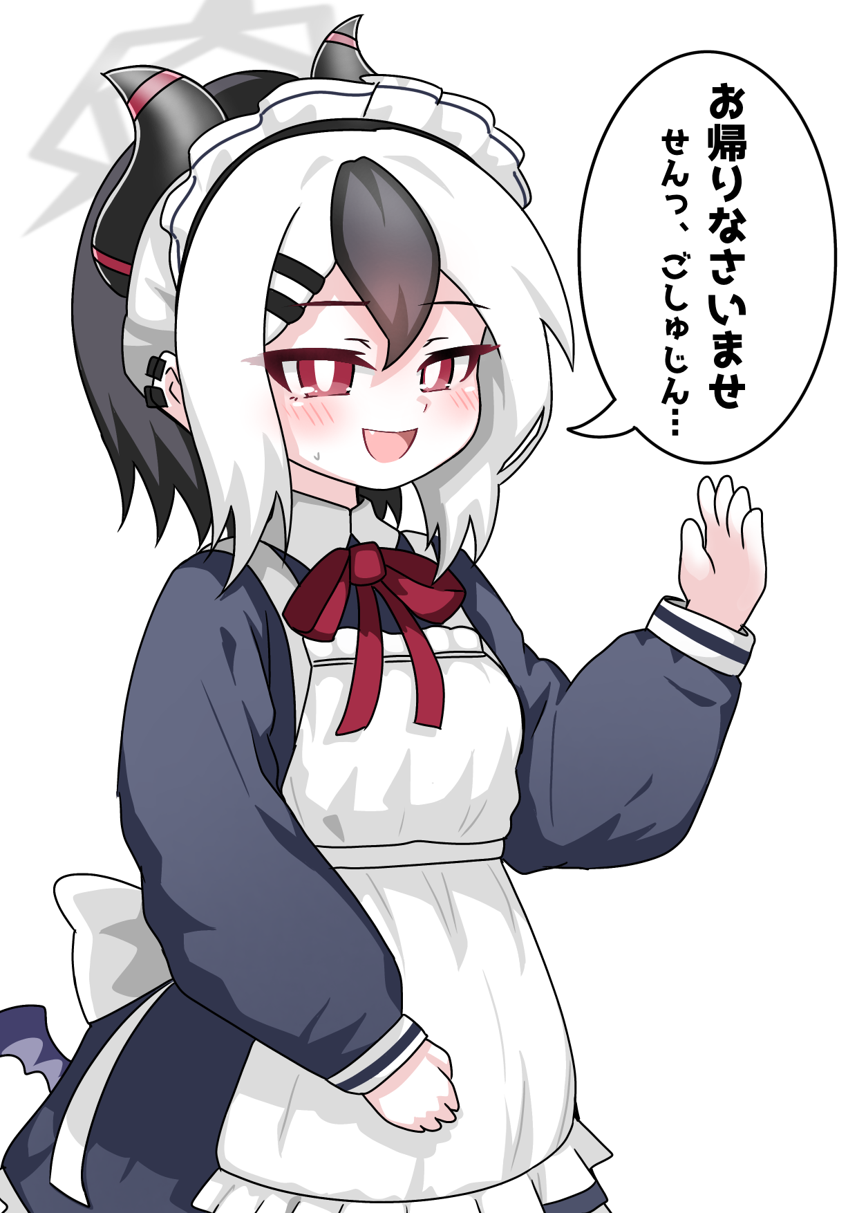 tomimon, kayoko (blue archive), blue archive, commentary request, highres, translation request, 1girl, :d, alternate costume, apron, black hair, bow, collared dress, dress, ear piercing, enmaided, fang, frilled apron, frills, grey dress, grey wings, hair between eyes, hair ornament, hairclip, hand up, long sleeves, looking at viewer, low wings, maid, maid apron, maid headdress, multicolored hair, open mouth, piercing, puffy long sleeves, puffy sleeves, red bow, red eyes, simple background, single wing, sleeves past wrists, small sweatdrop, smile, solo, sweat, two-tone hair, white apron, white background, white hair, wings