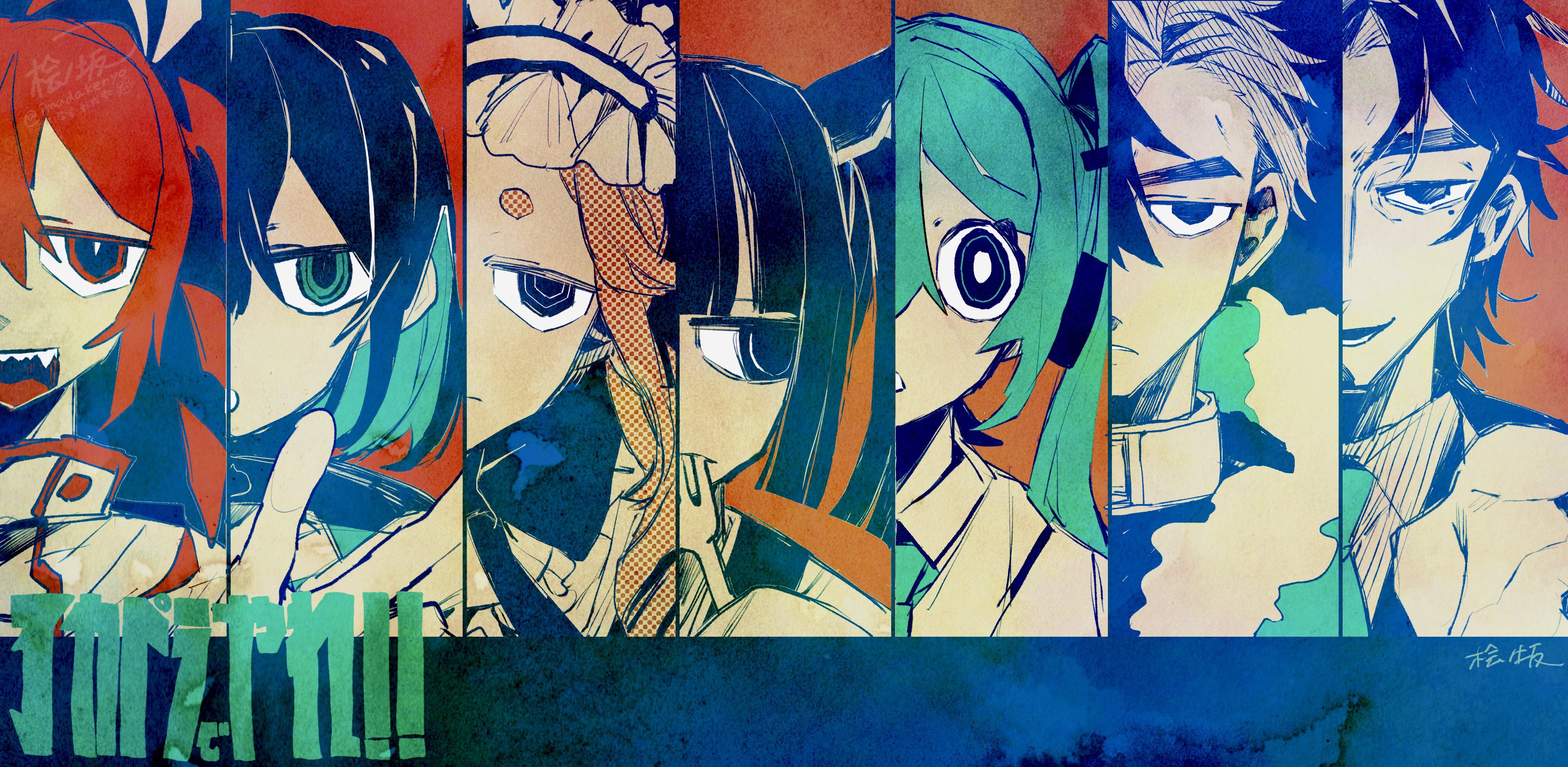 hinoki (yesfish1117), frimomen (voicepeak), hatsune miku, kasane teto, kasane teto (sv), miyamai moca, shikoku metan, touhoku kiritan, synthesizer v, vocaloid, voiceroid, voicevox, absurdres, adversarial noise, highres, 2boys, 5girls, akapera de yare!!, aoyama ryuusei, aqua eyes, aqua hair, asymmetrical bangs, black hair, closed mouth, collared shirt, column lineup, copyright name, fork, frilled hairband, frills, frown, grey jacket, hairband, holding, holding fork, jacket, jitome, long hair, mole, mole under eye, multiple boys, multiple girls, necktie, neutrino (software), open mouth, portrait, red hair, ringed eyes, sharp teeth, shirt, short hair, smile, teeth, twitter username, upper teeth only, utensil in mouth, v-shaped eyebrows, watermark