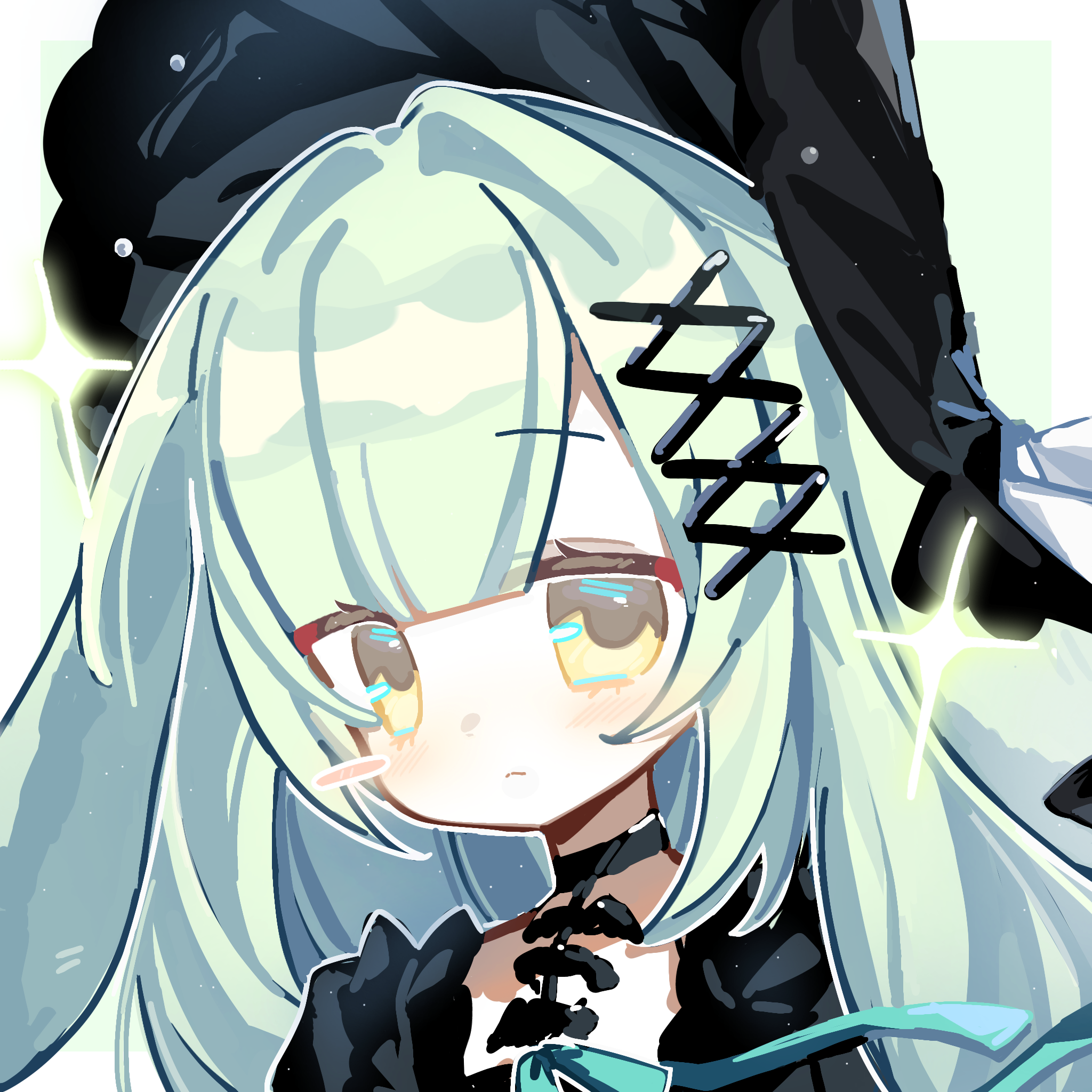 wakaba mutsumi, arknights, bang dream!, bang dream! it's mygo!!!!!, highres, 1girl, ai si (xinjinjumin4603917), animal ears, black bonnet, black choker, blunt bangs, bonnet, chibi, chibi only, choker, closed mouth, expressionless, floppy ears, gothic lolita, green hair, hair ornament, lolita fashion, long hair, looking at viewer, rabbit ears, rabbit girl, sidelocks, solo, sparkle, upper body, wakaba mutsumi (marionette's id), x hair ornament, yellow eyes