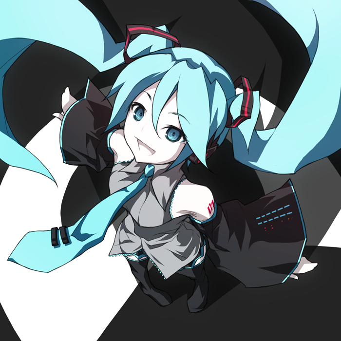 kazuoki, hatsune miku, vocaloid, 1girl, aqua eyes, aqua hair, detached sleeves, female focus, necktie, solo, thighhighs, twintails