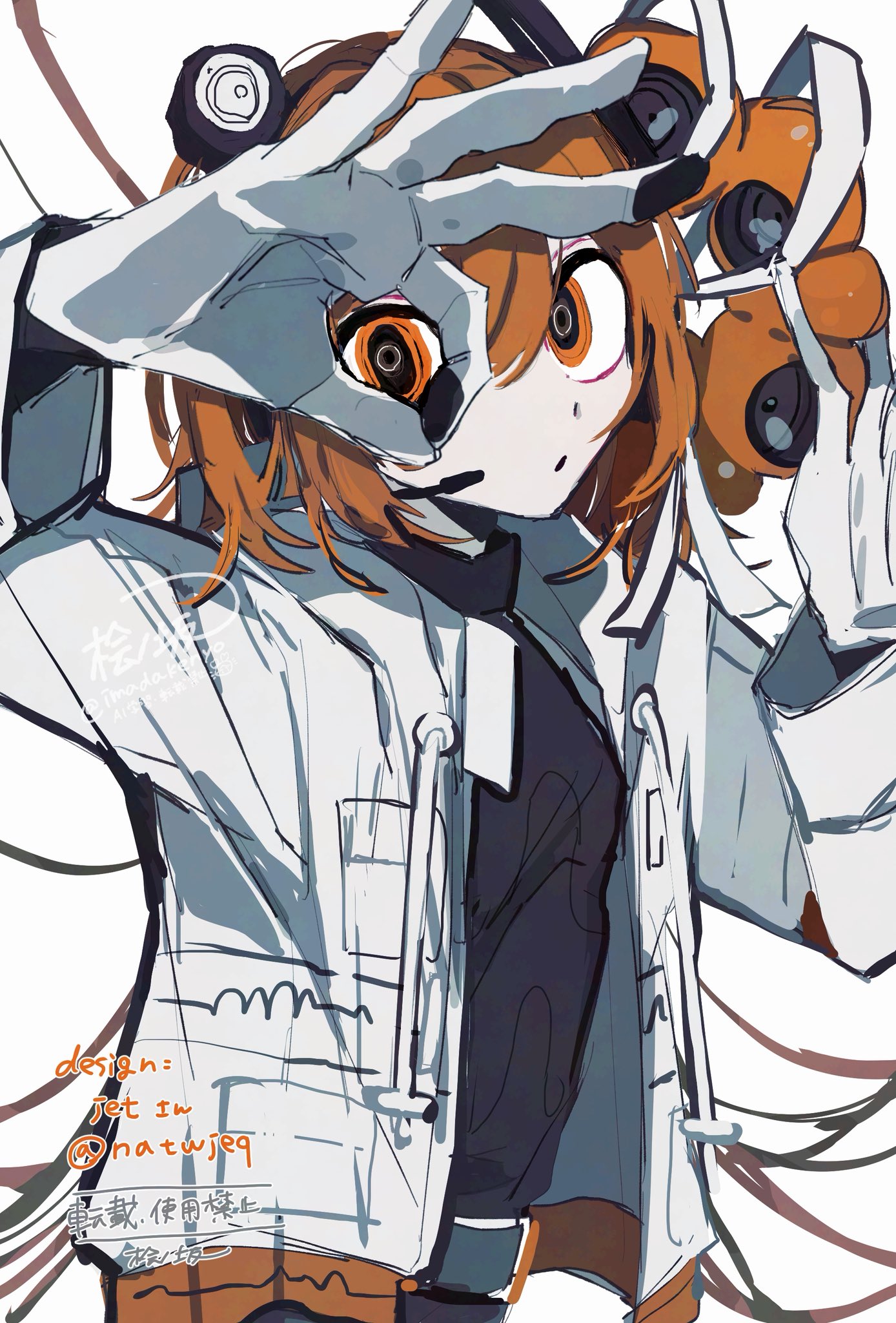hinoki (yesfish1117), adachi rei, myaku-myaku, a.i. voice, expo2025, utau, adversarial noise, highres, 1girl, arm up, belt, black shirt, cable, coat, flat chest, gloves, hand up, long sleeves, looking at viewer, ok sign, ok sign over eye, open clothes, open coat, orange eyes, orange hair, parted lips, portrait, shirt, simple background, solo, twitter username, upper body, watermark, white background, white coat, white gloves
