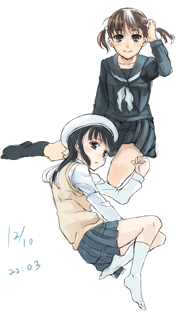 kno1, 2girls, hat, multiple girls, school uniform, serafuku, sweater vest, vest
