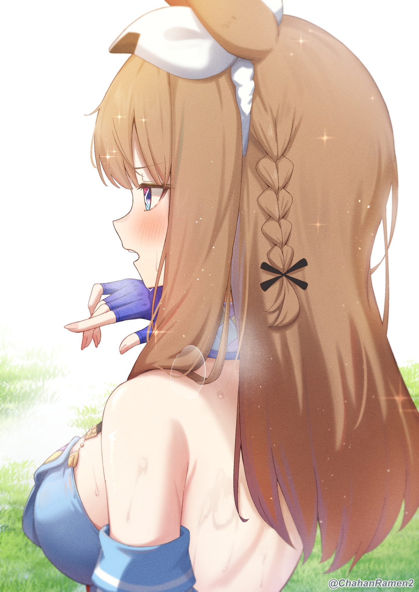 chahanramen, almond eye (umamusume), umamusume, highres, 1girl, animal ears, backless shirt, bare back, bare shoulders, blue eyes, blue gloves, blue shirt, blush, brown hair, detached sleeves, fingerless gloves, from side, gloves, horse ears, horse girl, long hair, open mouth, shirt, sidelocks, solo, sweat