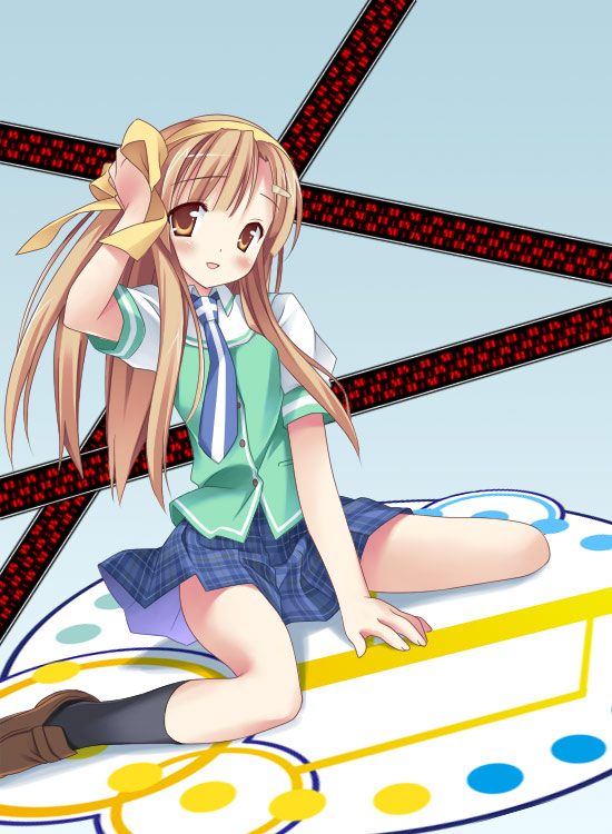 inase shin'ya, hayama yuu, time leap, 1girl, :o, arm up, black socks, blonde hair, blue skirt, blush, dutch angle, female focus, full body, kneehighs, loafers, long hair, looking at viewer, necktie, open mouth, plaid clothes, plaid skirt, red eyes, school uniform, serafuku, shoes, sitting, skirt, socks, solo, wariza