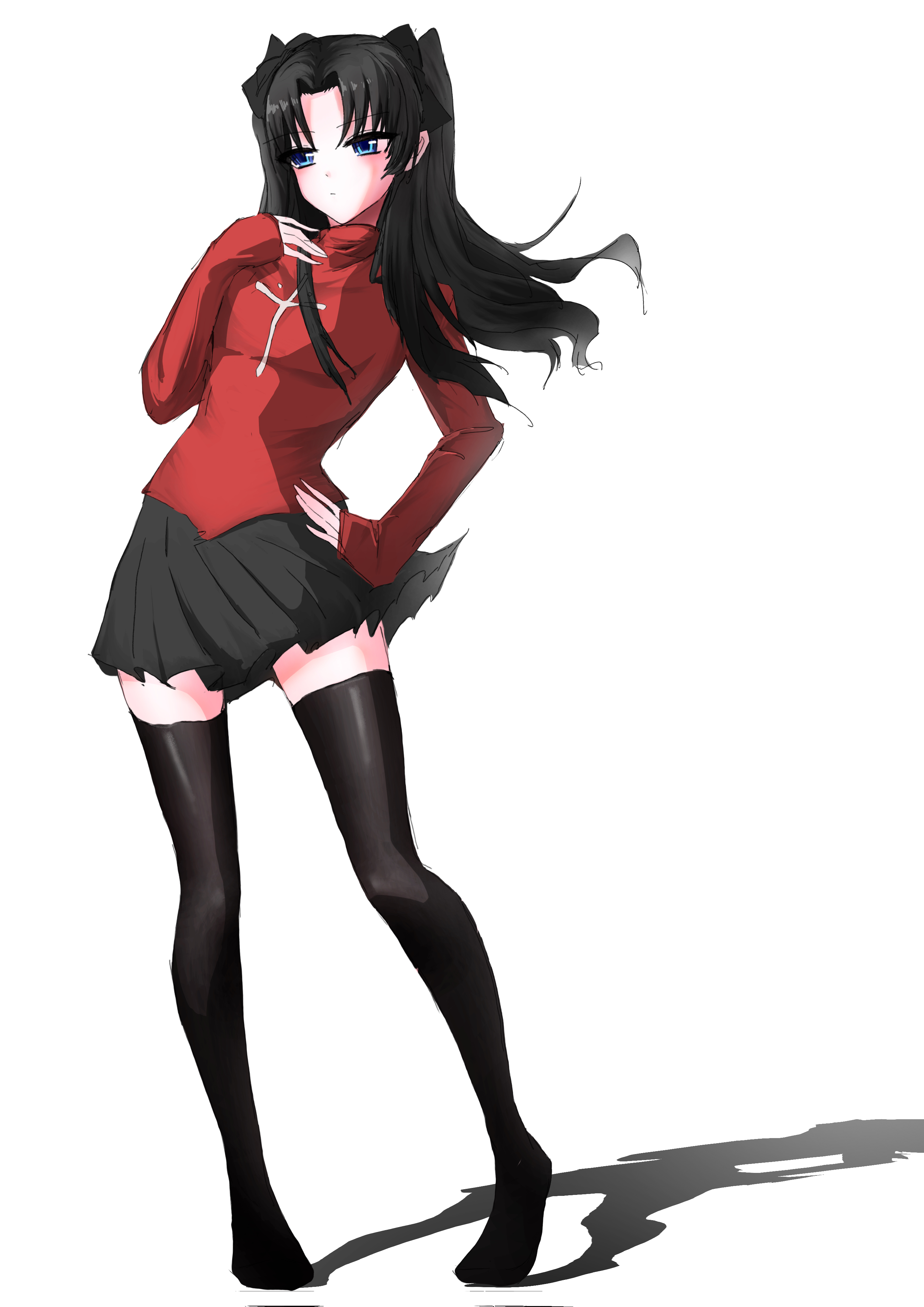 tohsaka rin, fate/stay night, fate (series), absurdres, chinese commentary, highres, 1girl, black hair, black thighhighs, blue eyes, breasts, closed mouth, floating hair, full body, hand on own hip, hand up, linglingling (user dpnr3475), long hair, red sweater, shadow, simple background, solo, standing, sweater, thighhighs, turtleneck, turtleneck sweater, two side up, very long hair, white background, zettai ryouiki