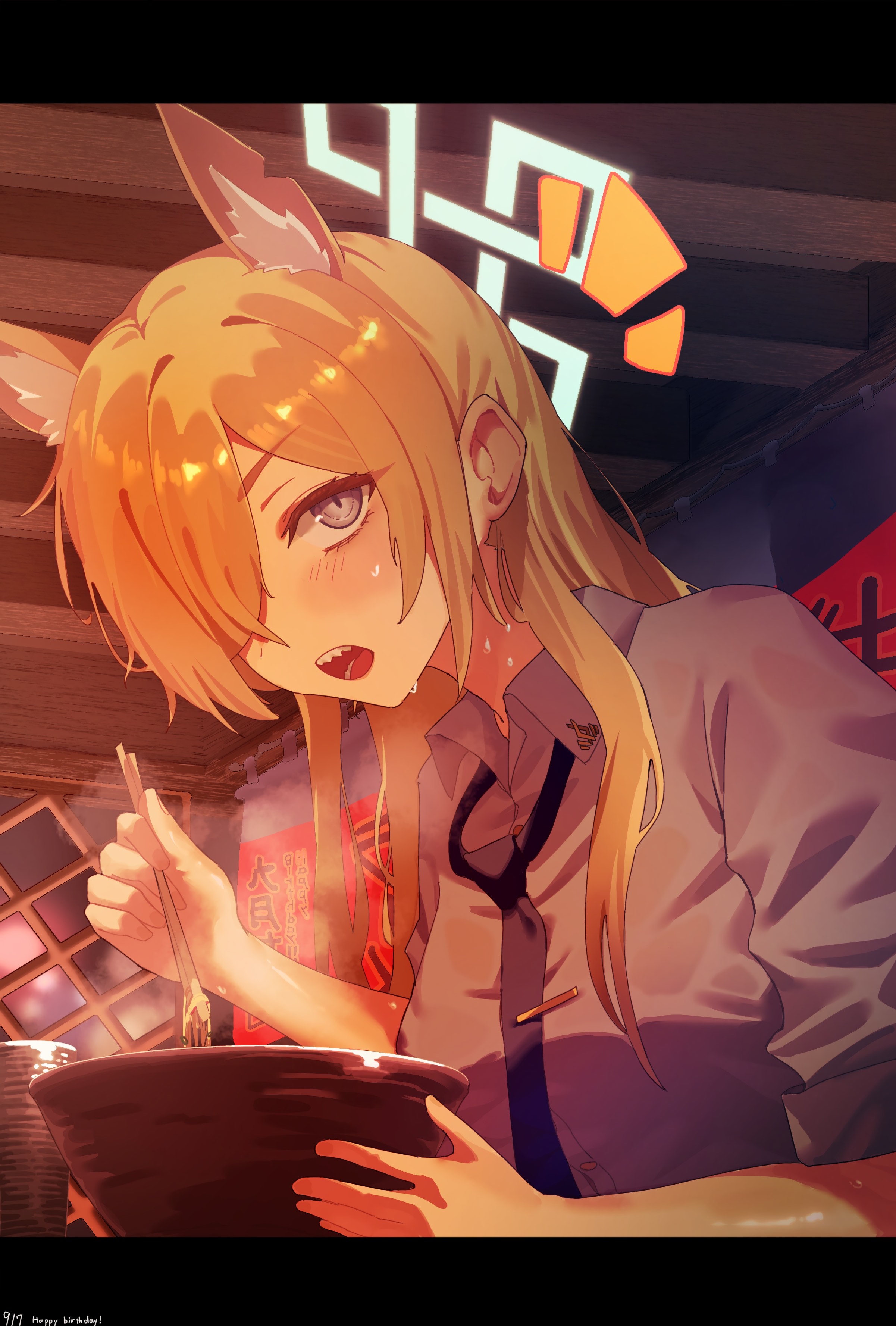murloc (user wxxf2533), kanna (blue archive), blue archive, absurdres, highres, animal ear fluff, animal ears, blonde hair, blue shirt, bowl, chopsticks, dog ears, food, hair over one eye, halo, holding, holding chopsticks, looking at viewer, noodles, open mouth, sharp teeth, shirt, sweat, teeth
