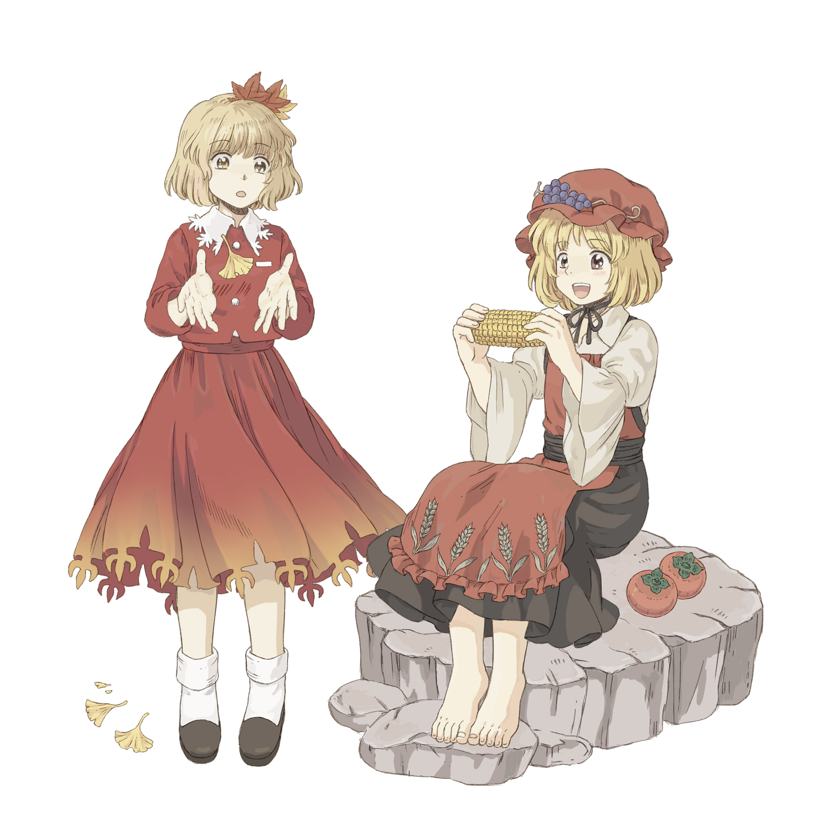 renzaoshen, aki minoriko, aki shizuha, touhou, commentary request, highres, 2girls, :d, barefoot, black shoes, black skirt, blonde hair, brown eyes, corn, corn cob, food, fruit, ginkgo leaf, grape hat ornament, grey shirt, hair ornament, hat, holding corn, leaf, leaf hair ornament, light blush, long sleeves, mob cap, multiple girls, open mouth, outstretched hand, persimmon, red hat, red shirt, red skirt, rock, shirt, shoes, short hair, simple background, sitting, skirt, smile, socks, teeth, toenails, toes, upper teeth only, white background, white socks, yellow eyes