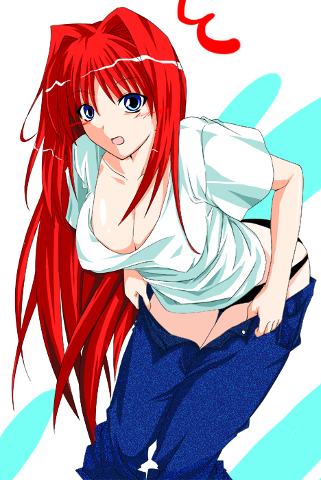 hagane soushi, aozaki aoko, tsukihime, 00s, 1girl, ^^^, black panties, blue eyes, breasts, cleavage, denim, dressing, female focus, hair intakes, jeans, large breasts, long hair, panties, pants, red hair, shirt, solo, surprised, t-shirt, underwear