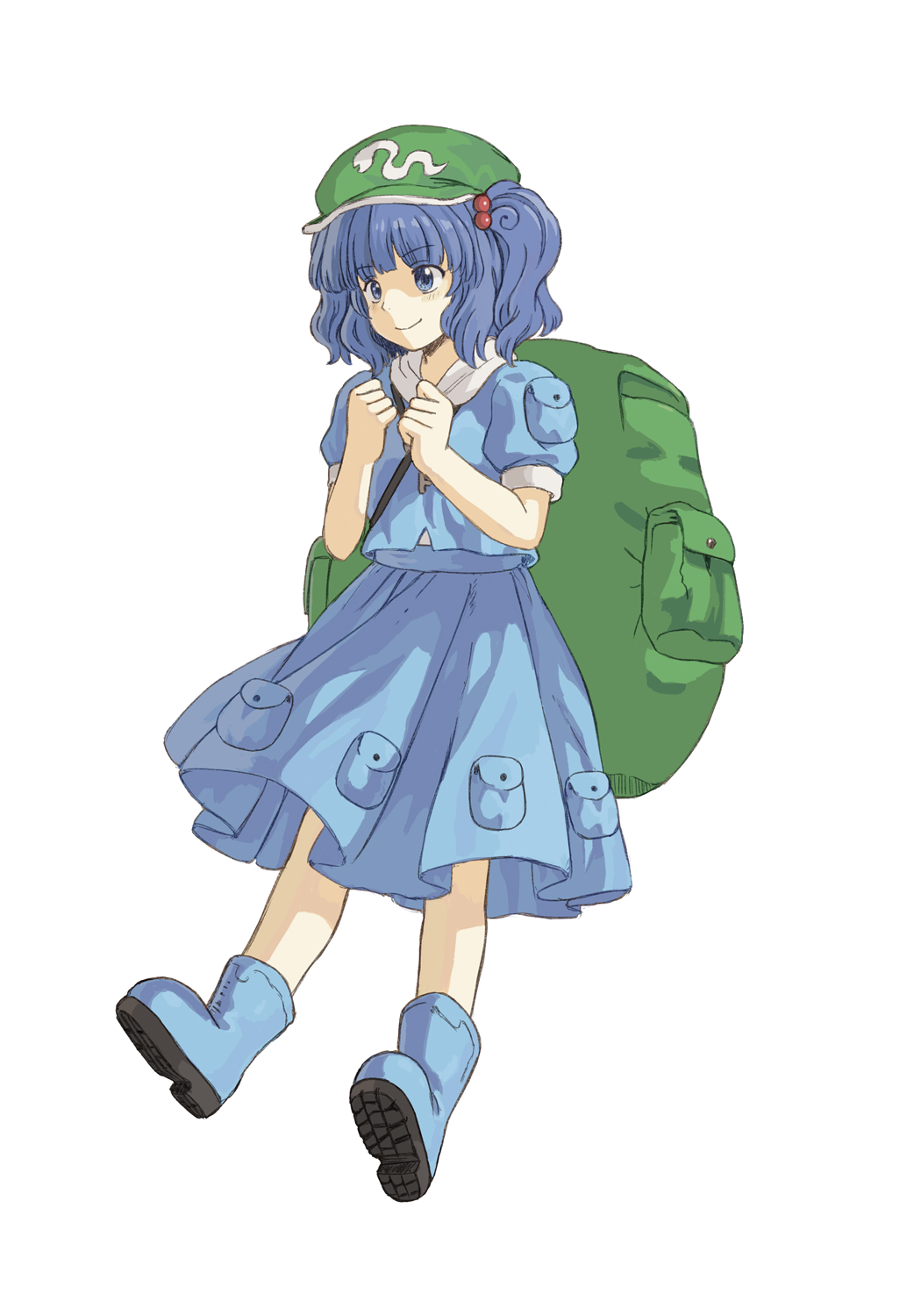 renzaoshen, kawashiro nitori, touhou, commentary request, highres, 1girl, backpack, bag, beads, blue boots, blue eyes, blue hair, blue shirt, blue skirt, boots, collar, full body, green bag, green hat, hair beads, hair ornament, hat, key, light blush, medium hair, pocket, rubber boots, shirt, shoe soles, short sleeves, simple background, skirt, smile, solo, twintails, white background, white collar