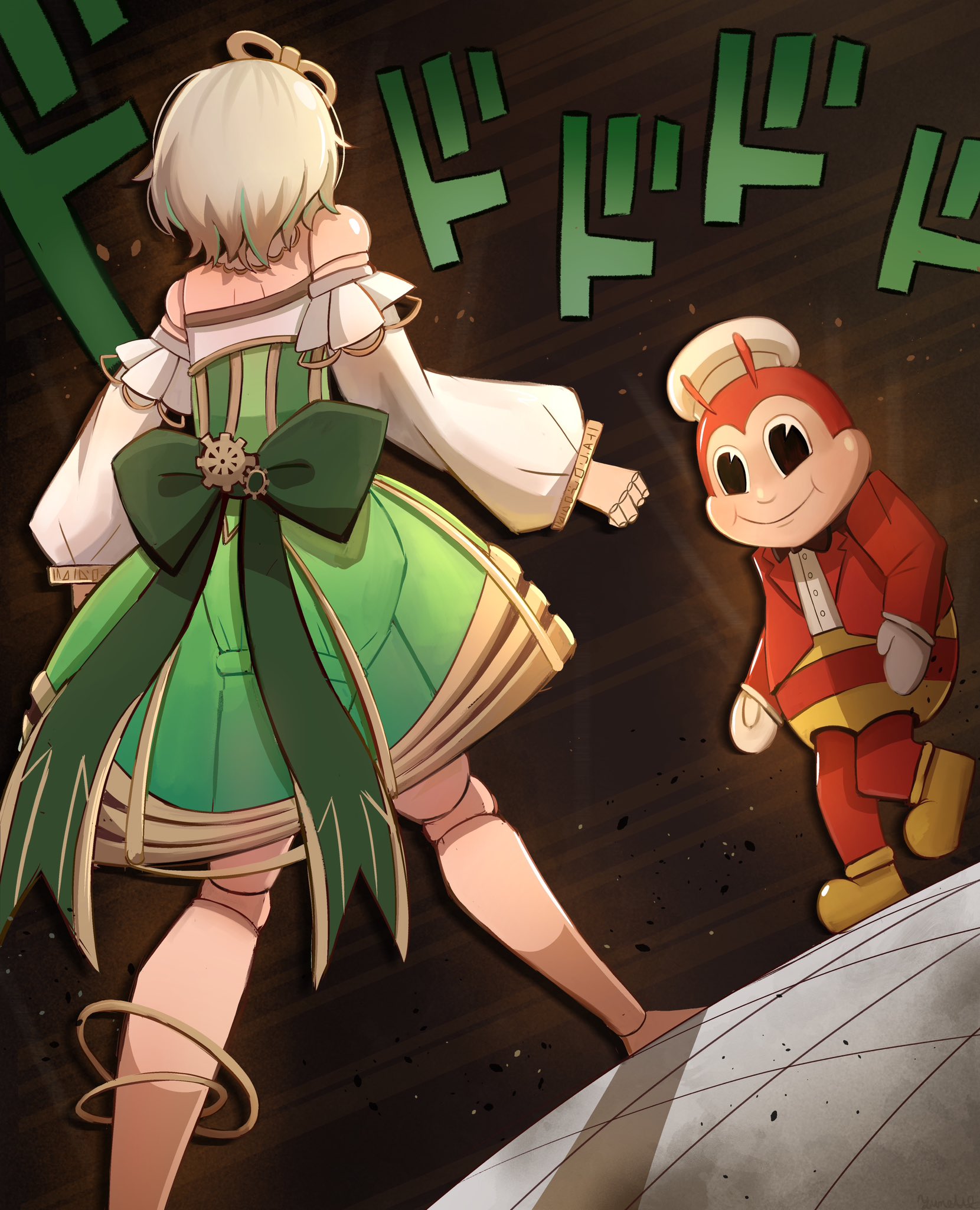 yume (yume ato29), cecilia immergreen, cecilia immergreen (1st costume), jollibee (mascot), hololive, hololive english, jollibee, commentary, english commentary, highres, 1girl, 1other, corset, detached sleeves, doll joints, green corset, green skirt, grey hair, joints, medium hair, meme, menacing (jojo), oh? you're approaching me? (meme), romper, skirt, virtual youtuber, white romper, winding key