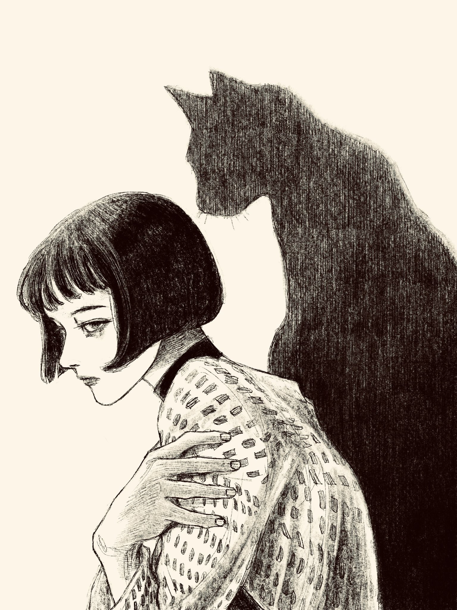 tp p pt, original, highres, 1girl, black hair, bob cut, cat, different shadow, greyscale, long sleeves, looking to the side, monochrome, short hair, white background