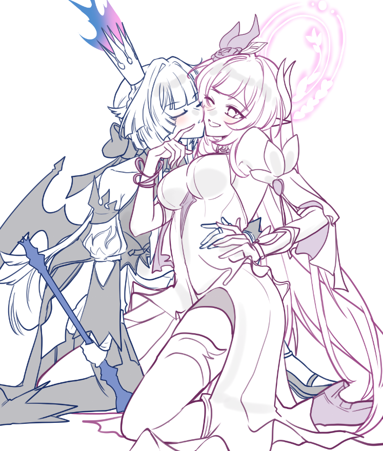 choikfu, cerydra (honkai: star rail), cyrene (honkai: star rail), honkai: star rail, honkai (series), commentary, english commentary, 2girls, breasts, crown, dress, halo, high heels, holding, holding scepter, kiss, kissing cheek, kneeling, large breasts, long hair, multiple girls, one eye closed, partially colored, pointy ears, scepter, simple background, smile, very long hair, wings, yuri