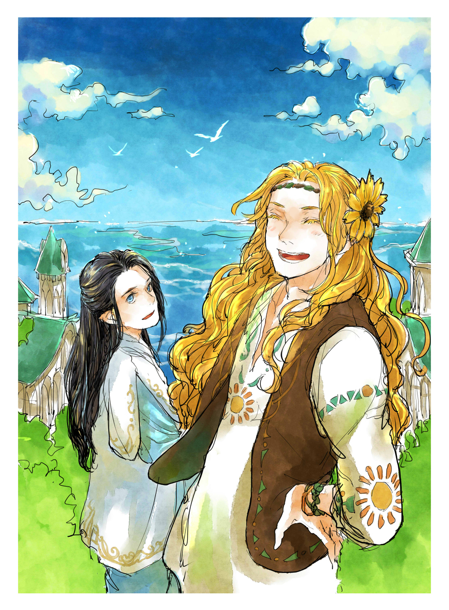 pixiv id 9475840, ecthelion, glorfindel, the silmarillion, tolkien's legendarium, 2boys, bird, black hair, blonde hair, blue eyes, braid, castle, closed eyes, cloud, cloudy sky, collarbone, day, elf, eyelashes, flower, flower on head, hand on own hip, headband, looking at viewer, male focus, multiple boys, ocean, open mouth, outdoors, pointy ears, sky, standing, teeth, tower, water, yellow flower
